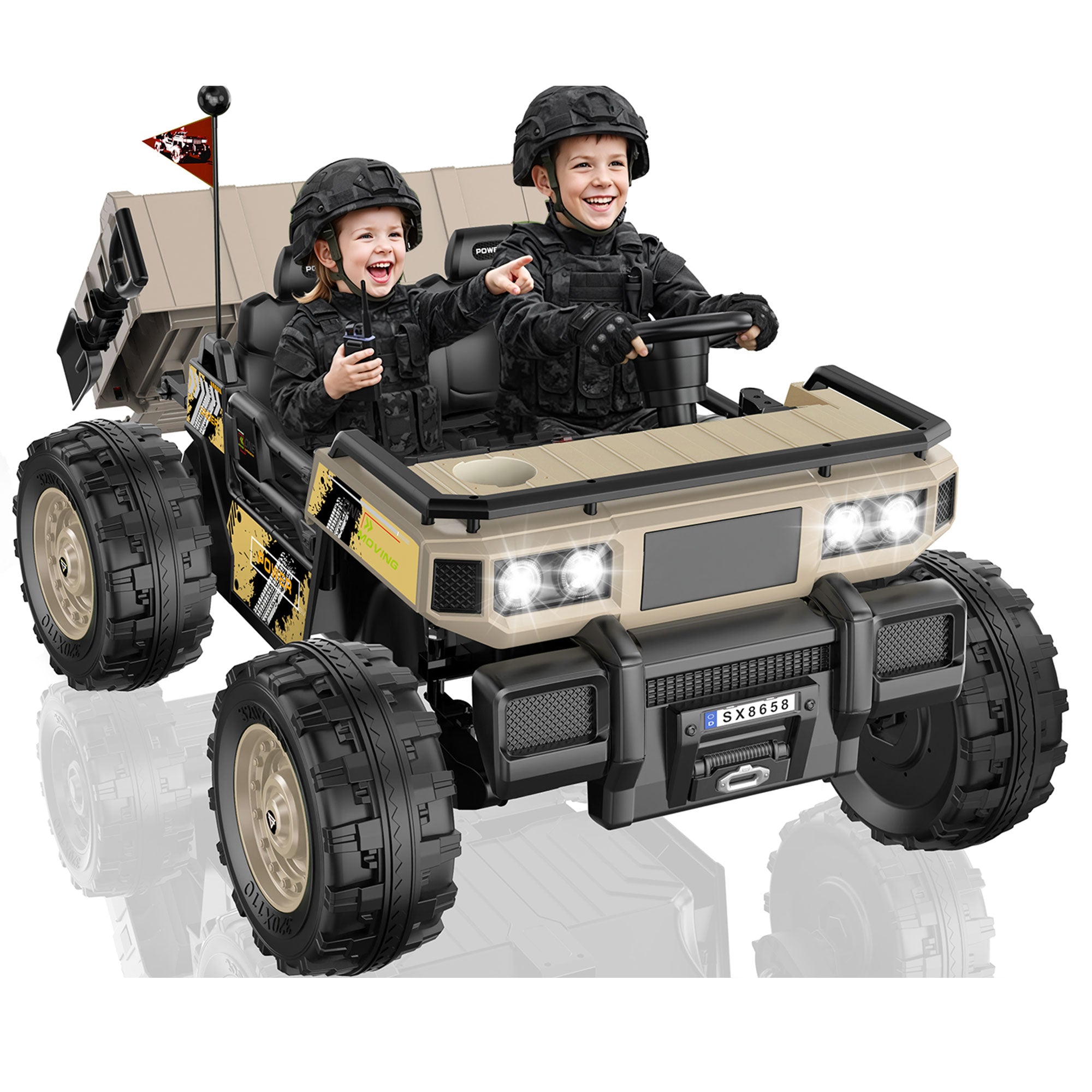 Anpabo 24V Kids Military Dumper: 4WD Auto-Lift Bed, 132 lbs Capacity, 2-Seater-beige