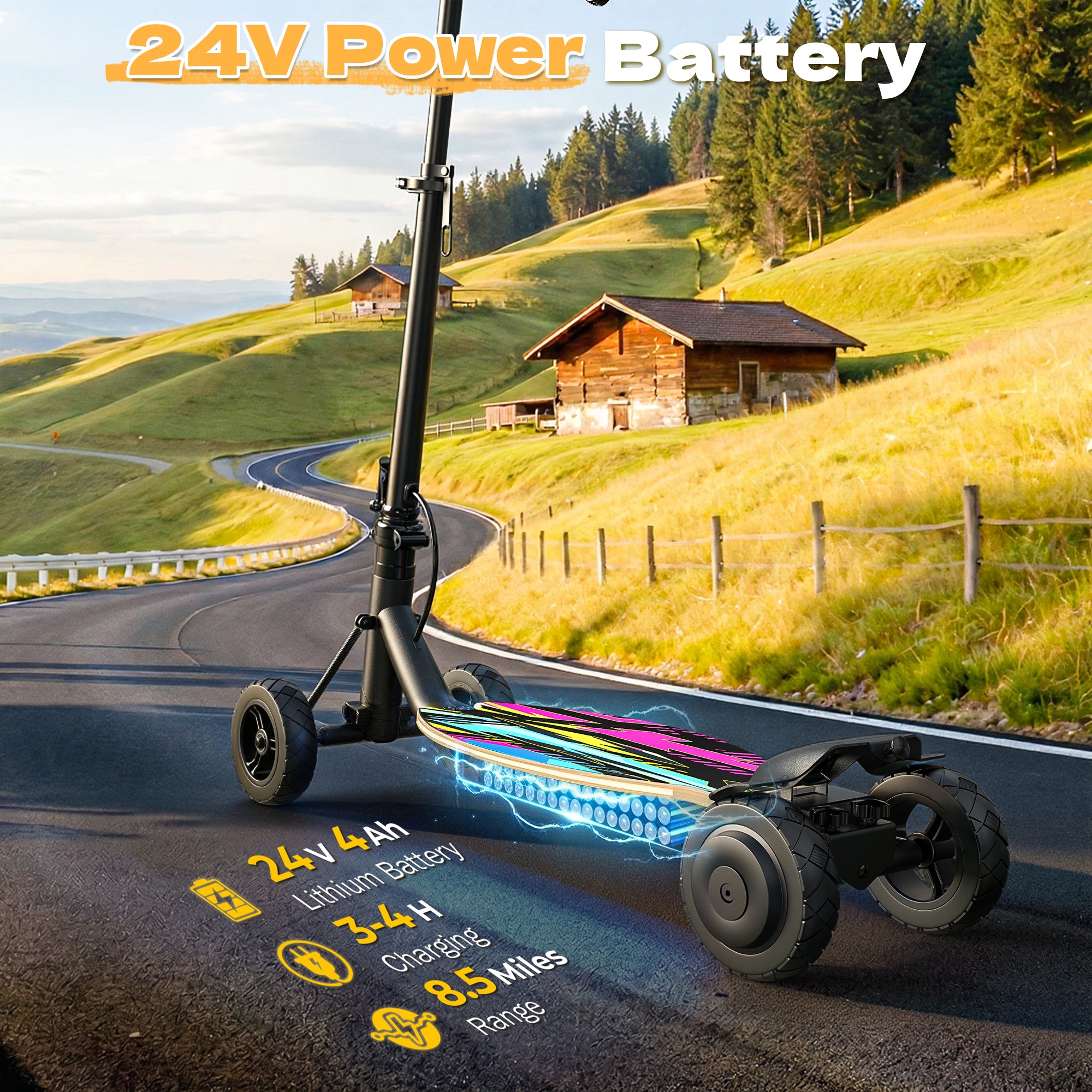 24V Safe 4-Wheel Scooter for kids - LED Light – black Line Pattern