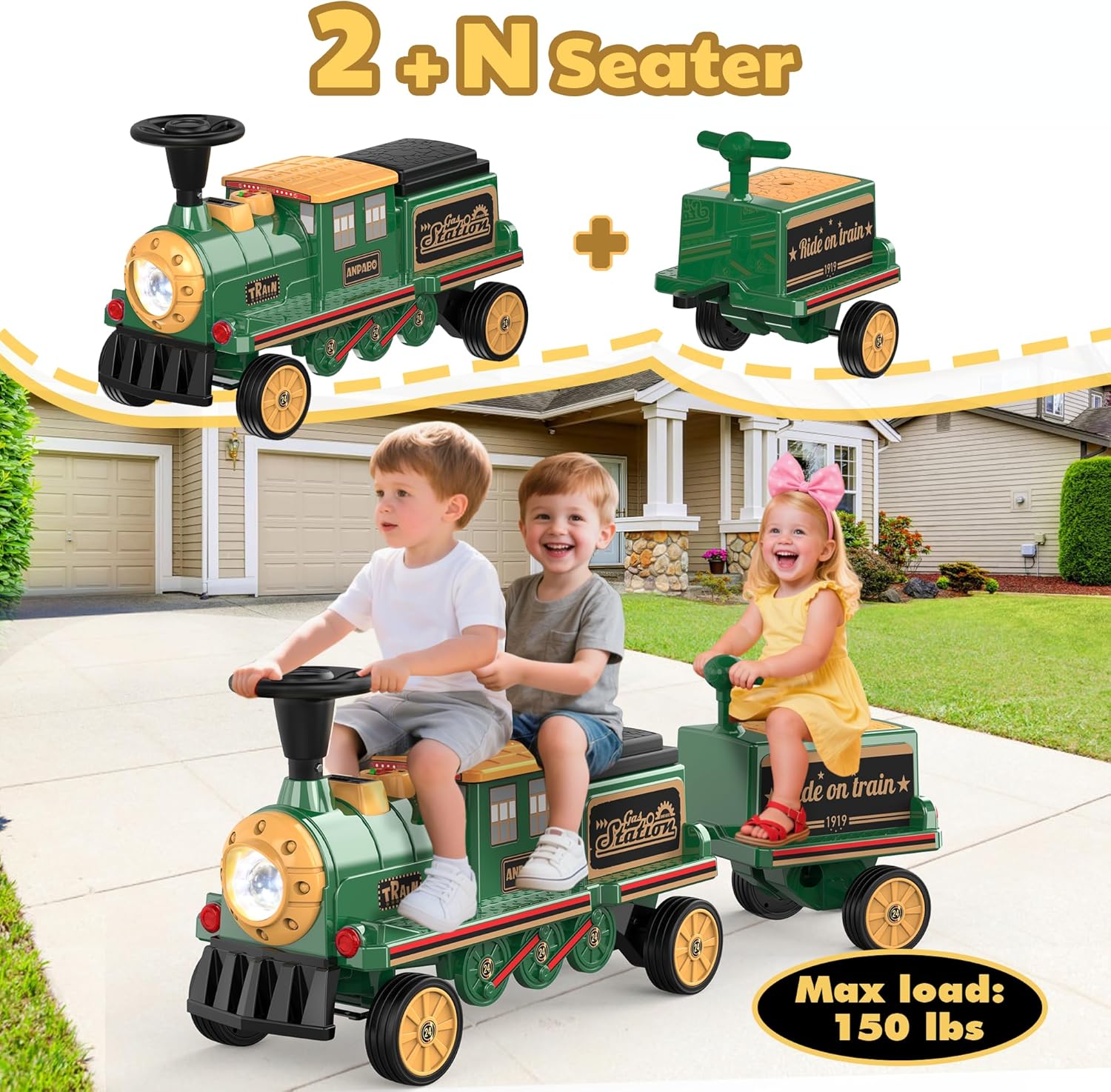 Trackless 12V Electric Ride-On Train 2-Seater with Rubber Tires – Green