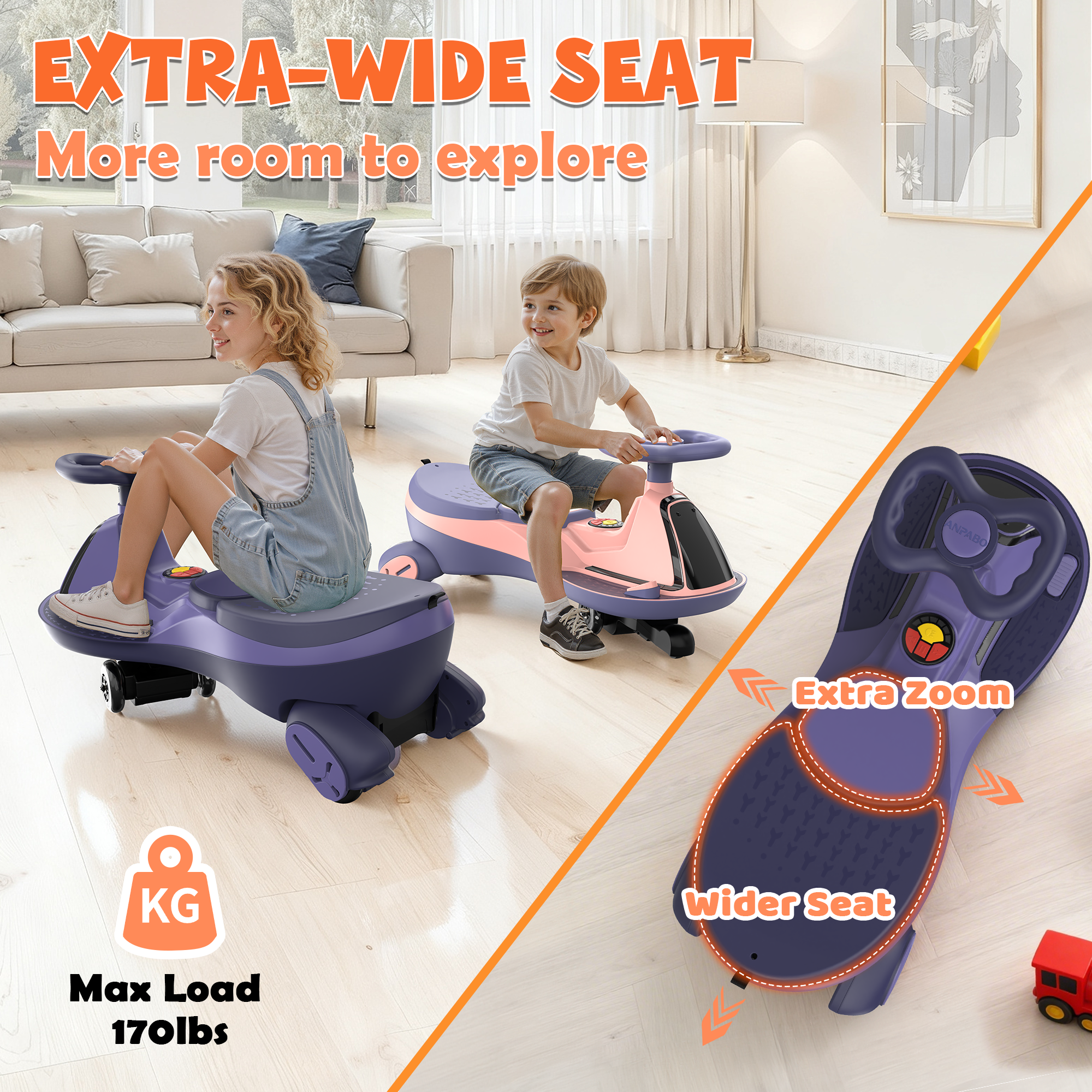 12V Electric Wiggle Car with LED Screen & Music for Kids-Purple