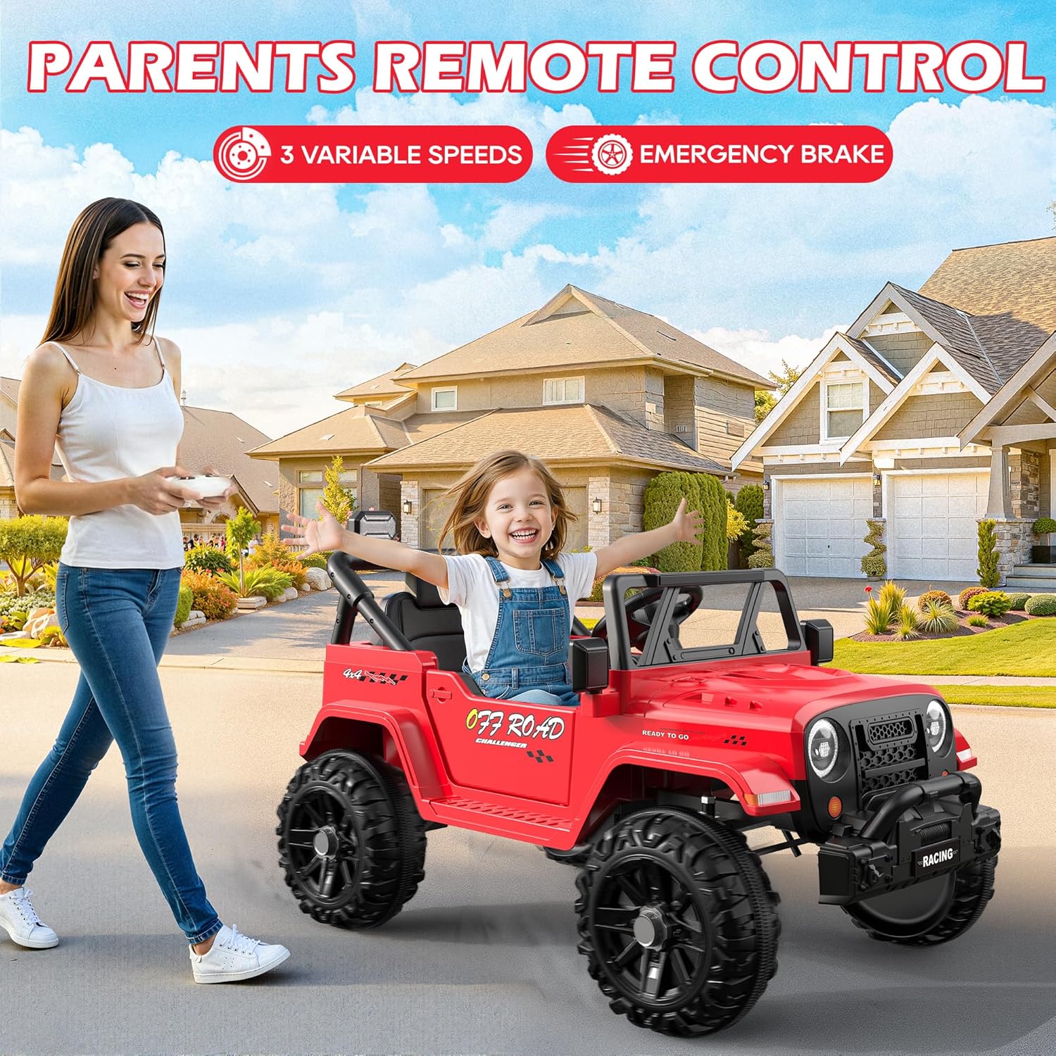12V Kids Jeep Ride-On Car with RC, Bluetooth & LED Lights-red