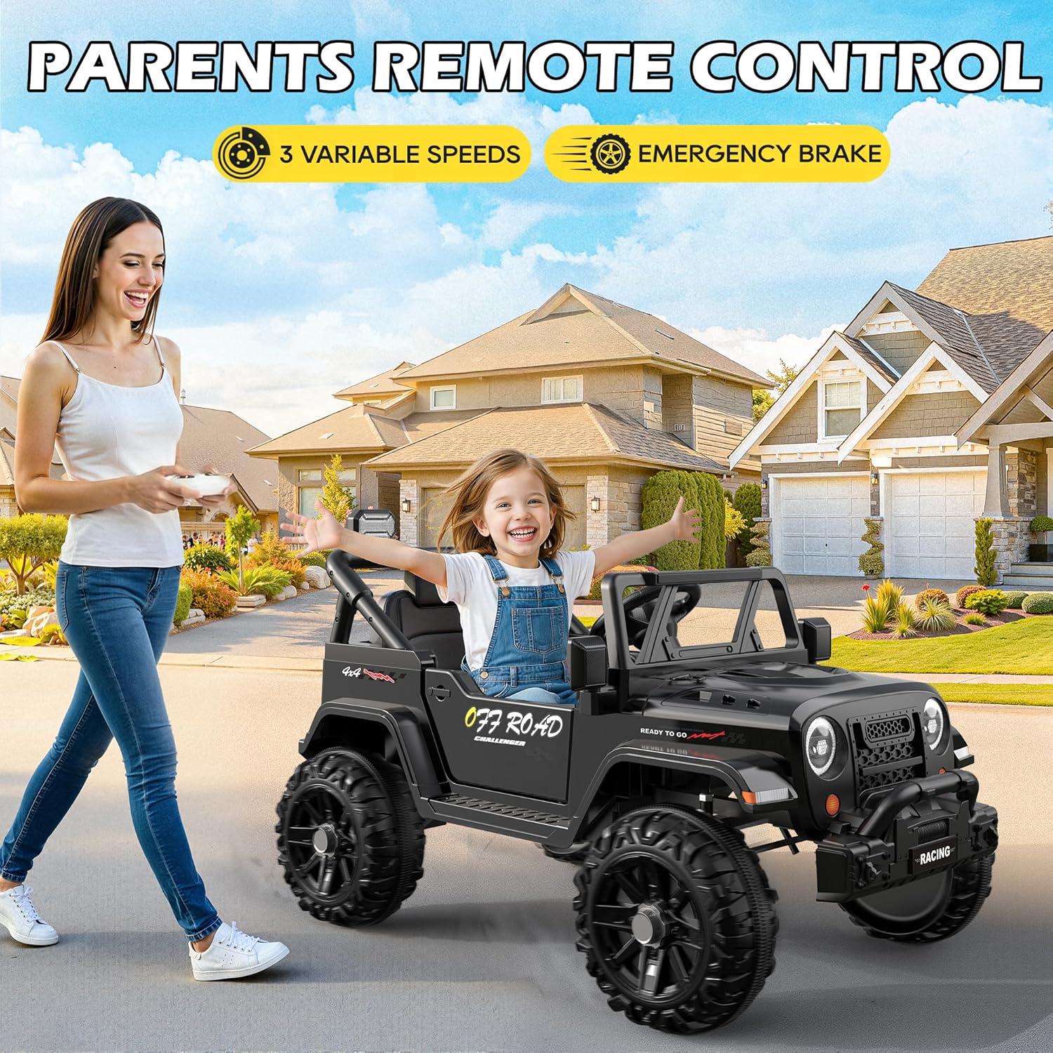 12V Kids Jeep Ride-On Car with RC, Bluetooth & LED Lights-black