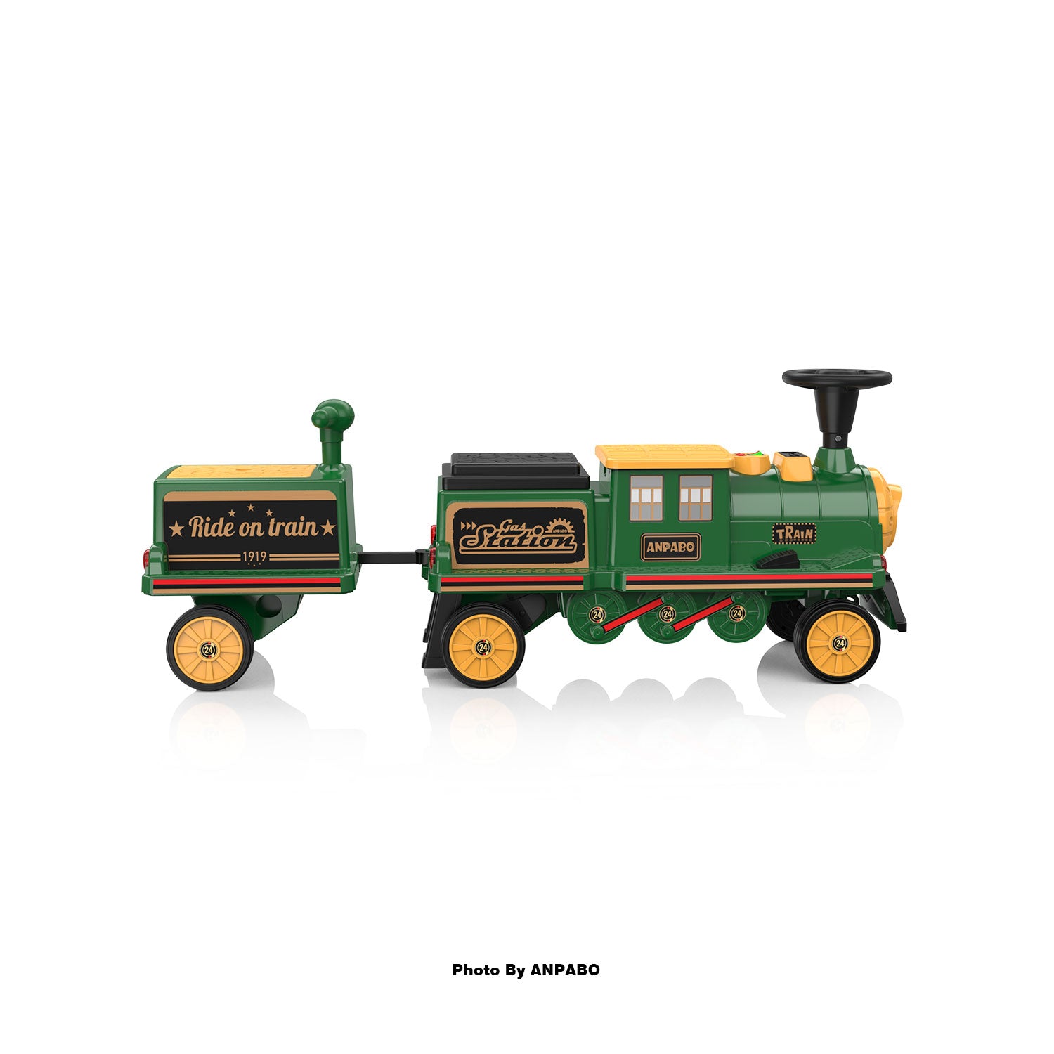 ANPABO 12V Trackless Ride-On Train Set: Whistle, Light, & Storage-green
