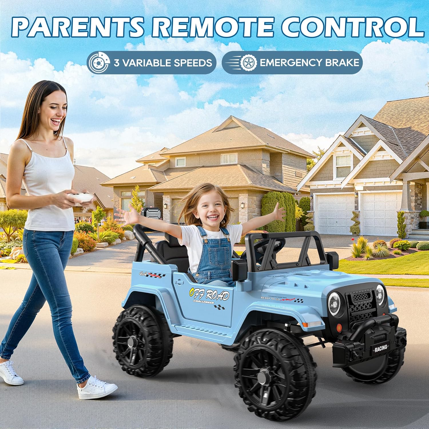 12V Kids Jeep Ride-On Car with RC, Bluetooth & LED Lights-blue