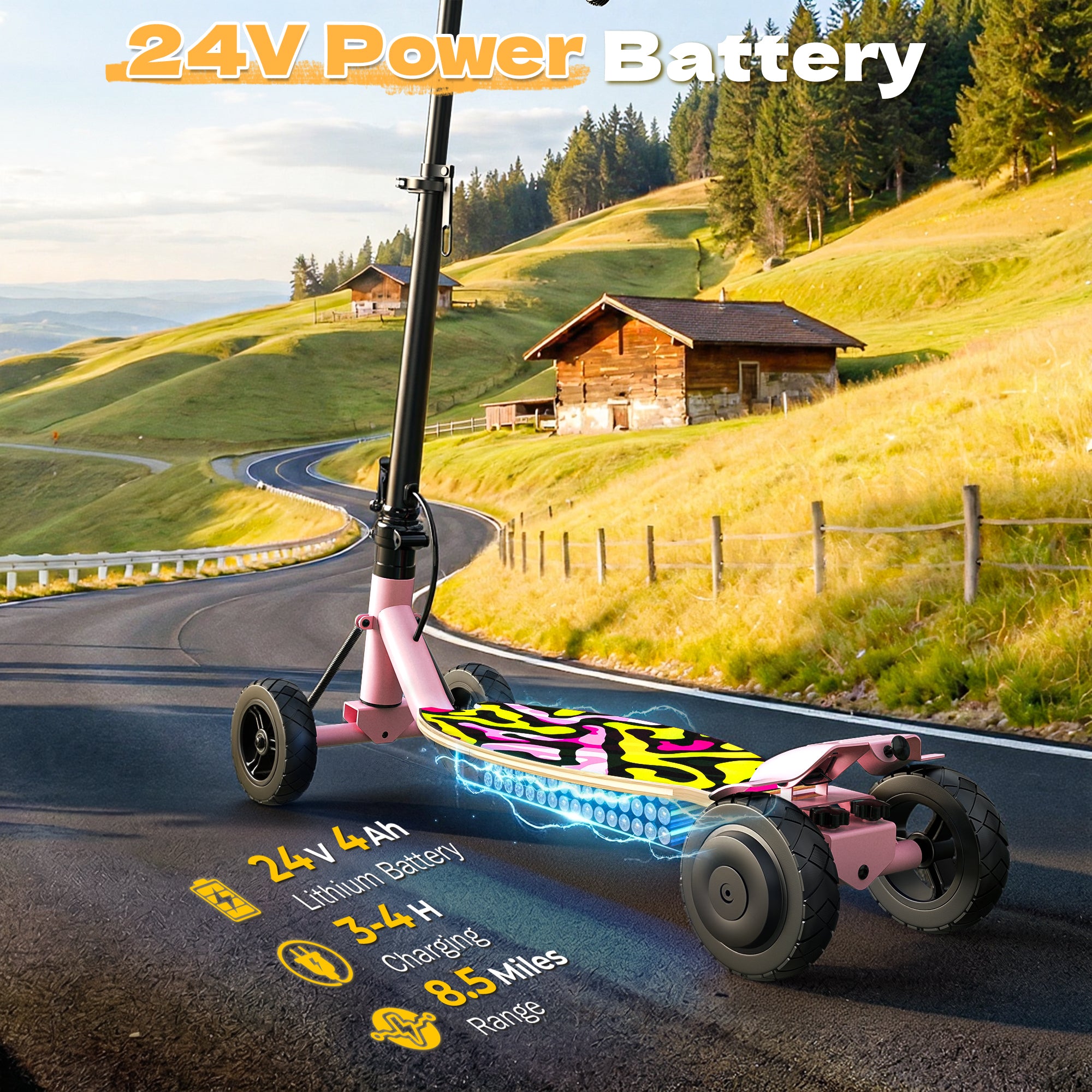 24V Safe 4-Wheel Scooter for kids - LED Light-pink