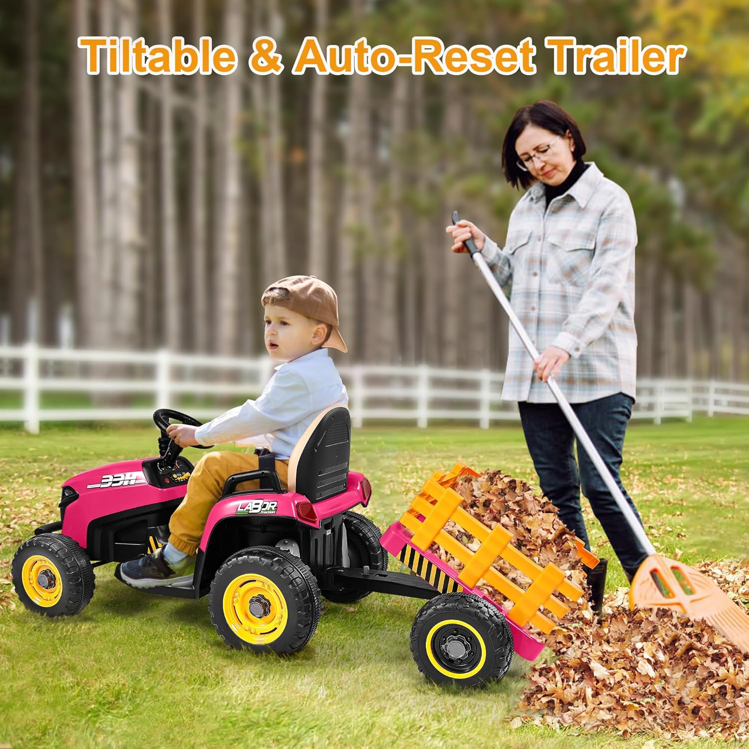 ANPABO 12V Kids Ride-On Tractor with Trailer-rose red
