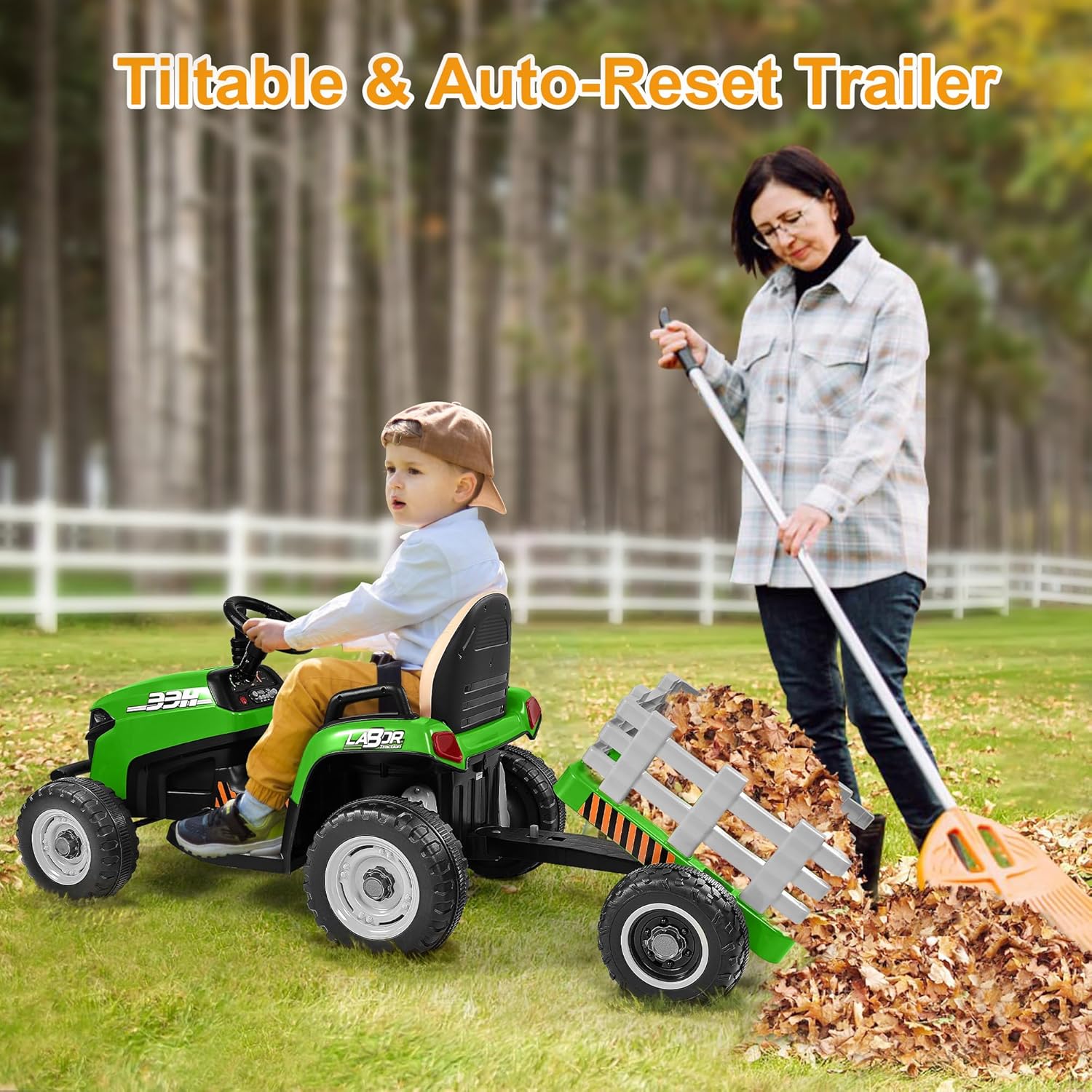 ANPABO 12V Kids Ride-On Tractor with Trailer-green