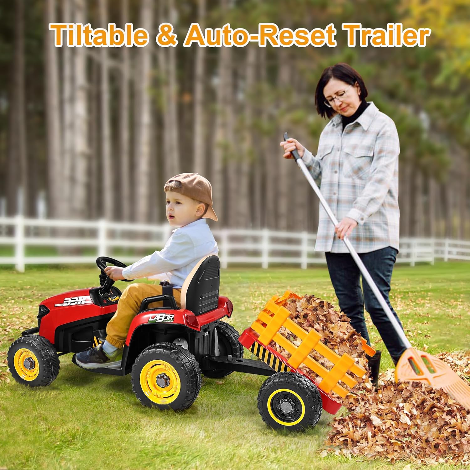 ANPABO 12V Kids Ride-On Tractor with Trailer-red