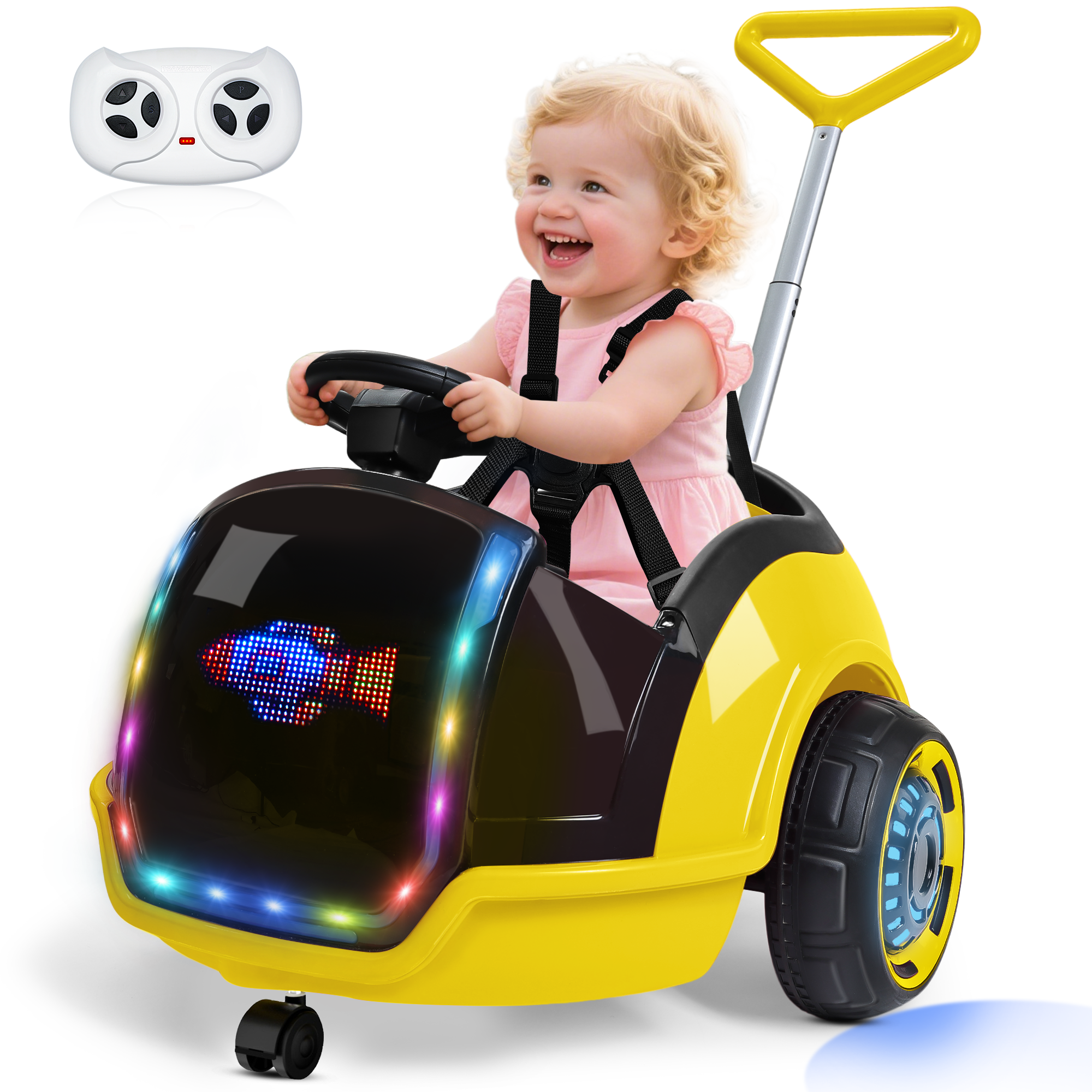12V 3-in-1 Push Ride On with small LED Display-yellow（UPC:B0FR8N7X5H）