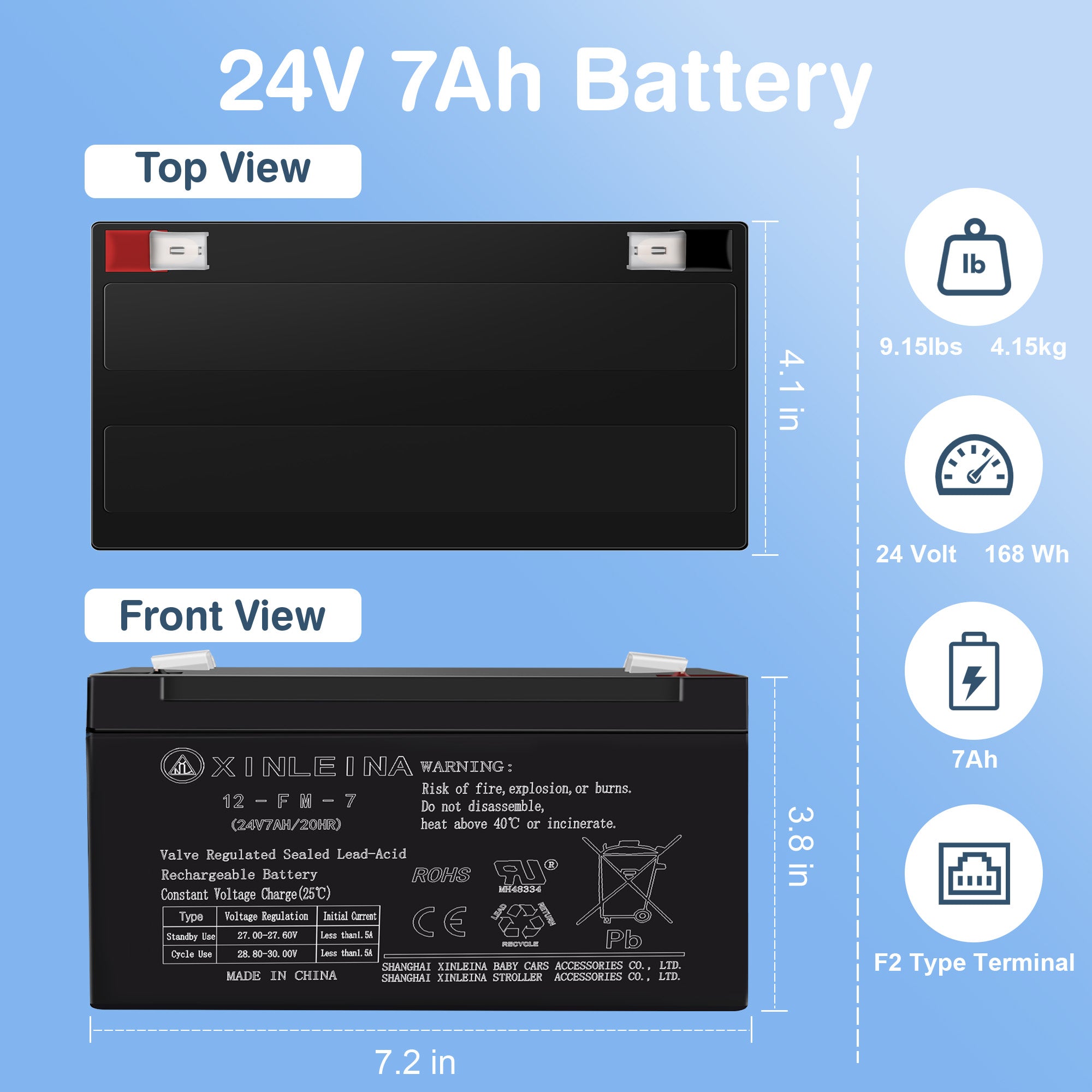 24V 7Ah SLA Battery with F2 Terminals for Kids' 24V Ride-On Cars