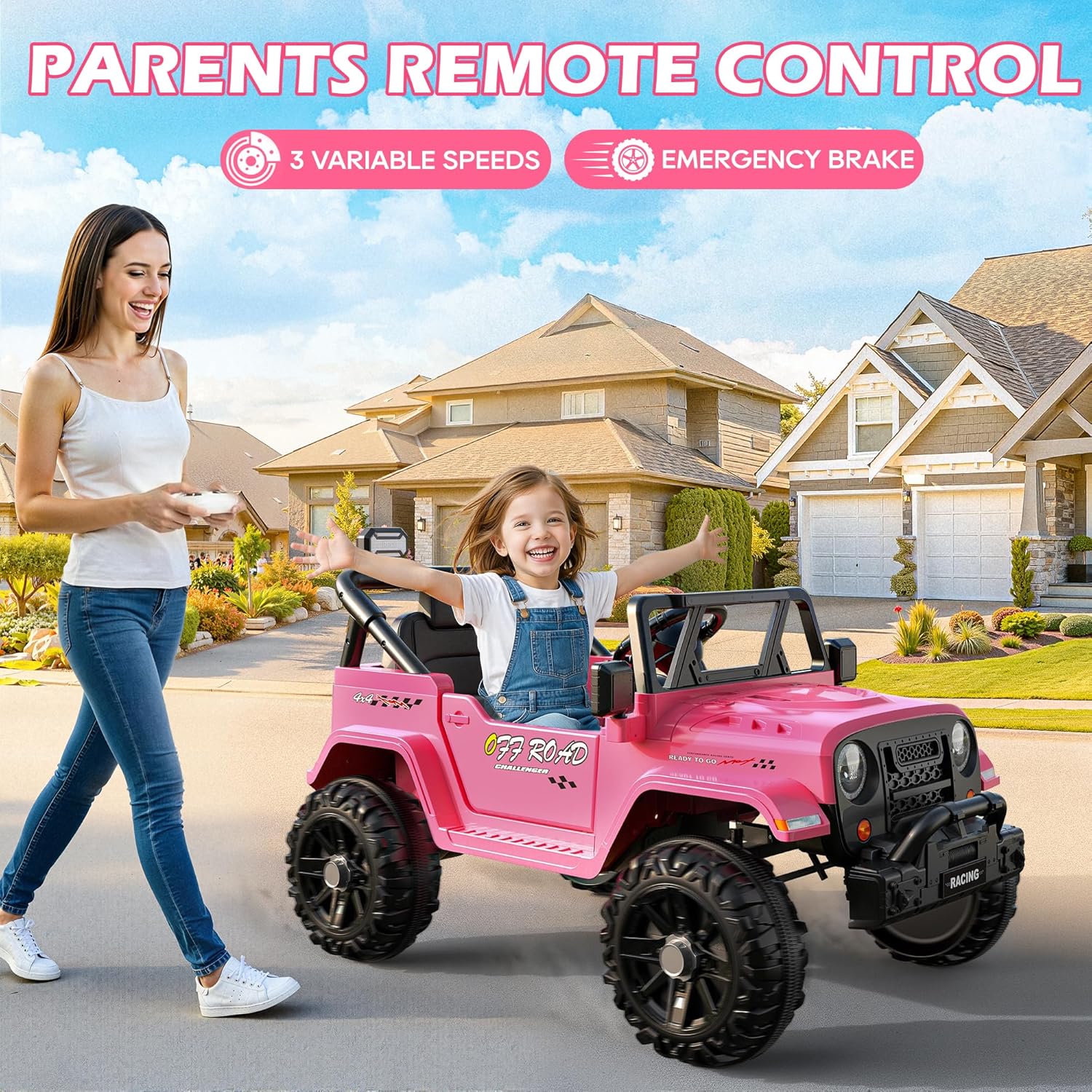 12V Kids Jeep Ride-On Car with RC, Bluetooth & LED Lights-pink