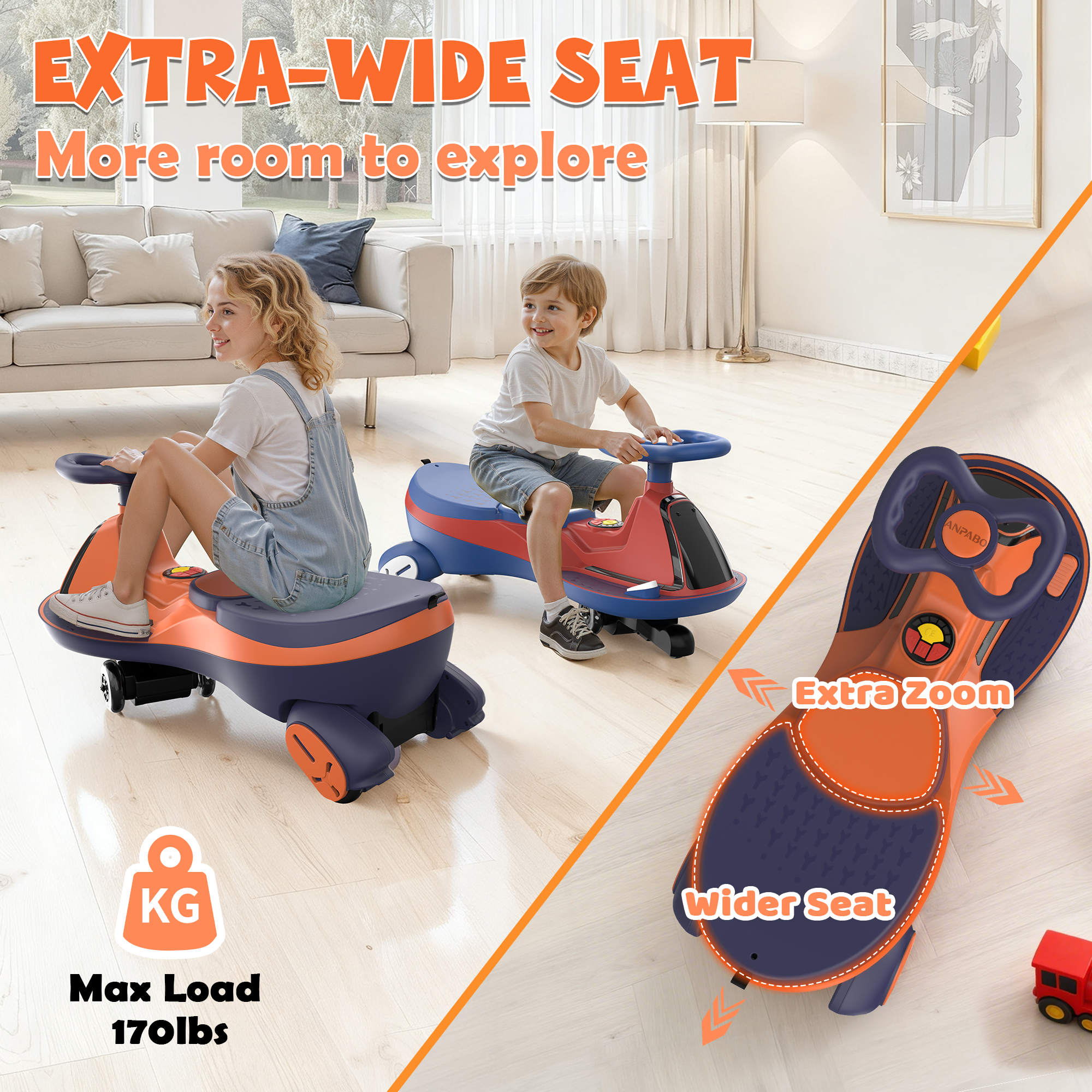 12V Electric Wiggle Car with LED Screen & Music for Kids-Orange