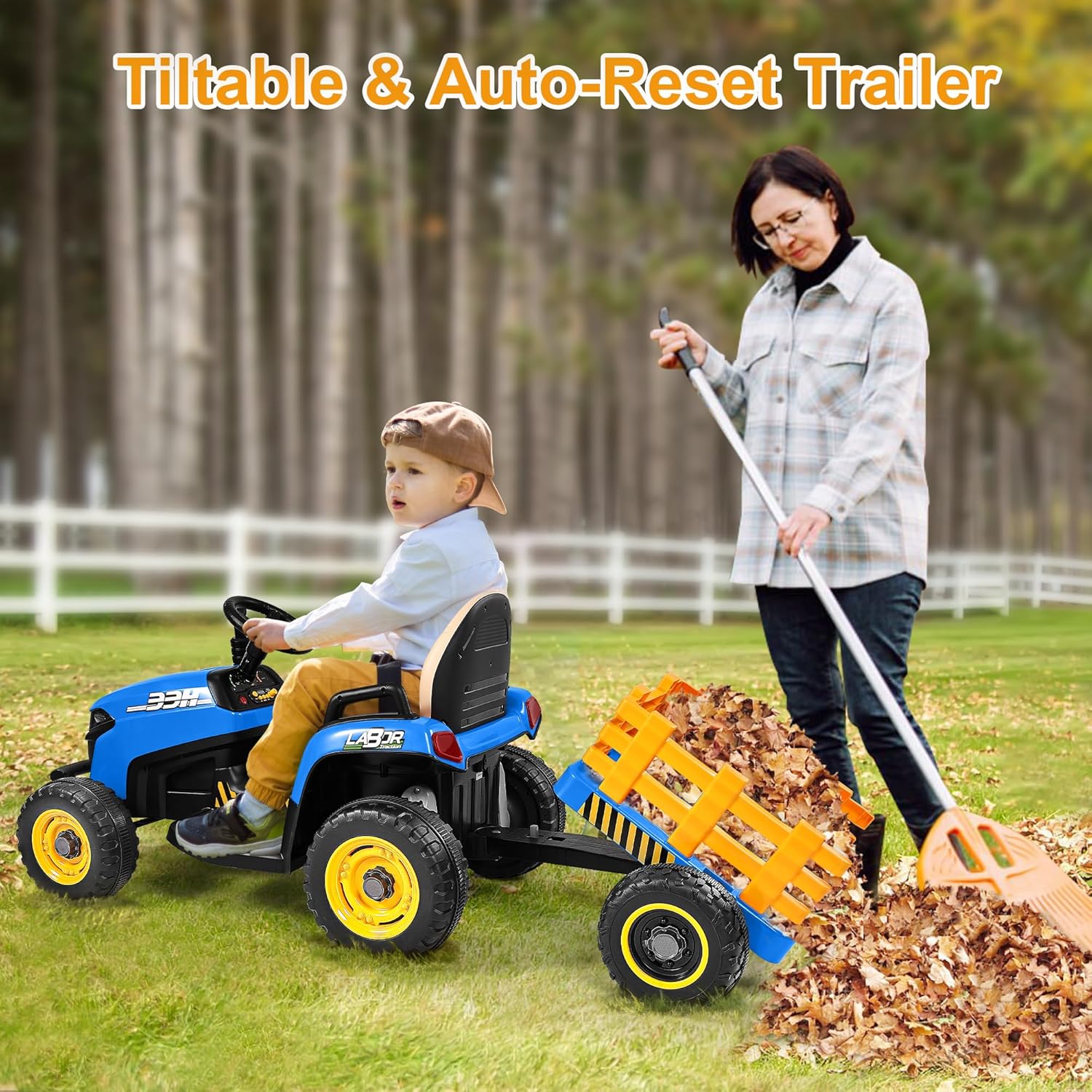 ANPABO 12V Kids Ride-On Tractor with Trailer-blue