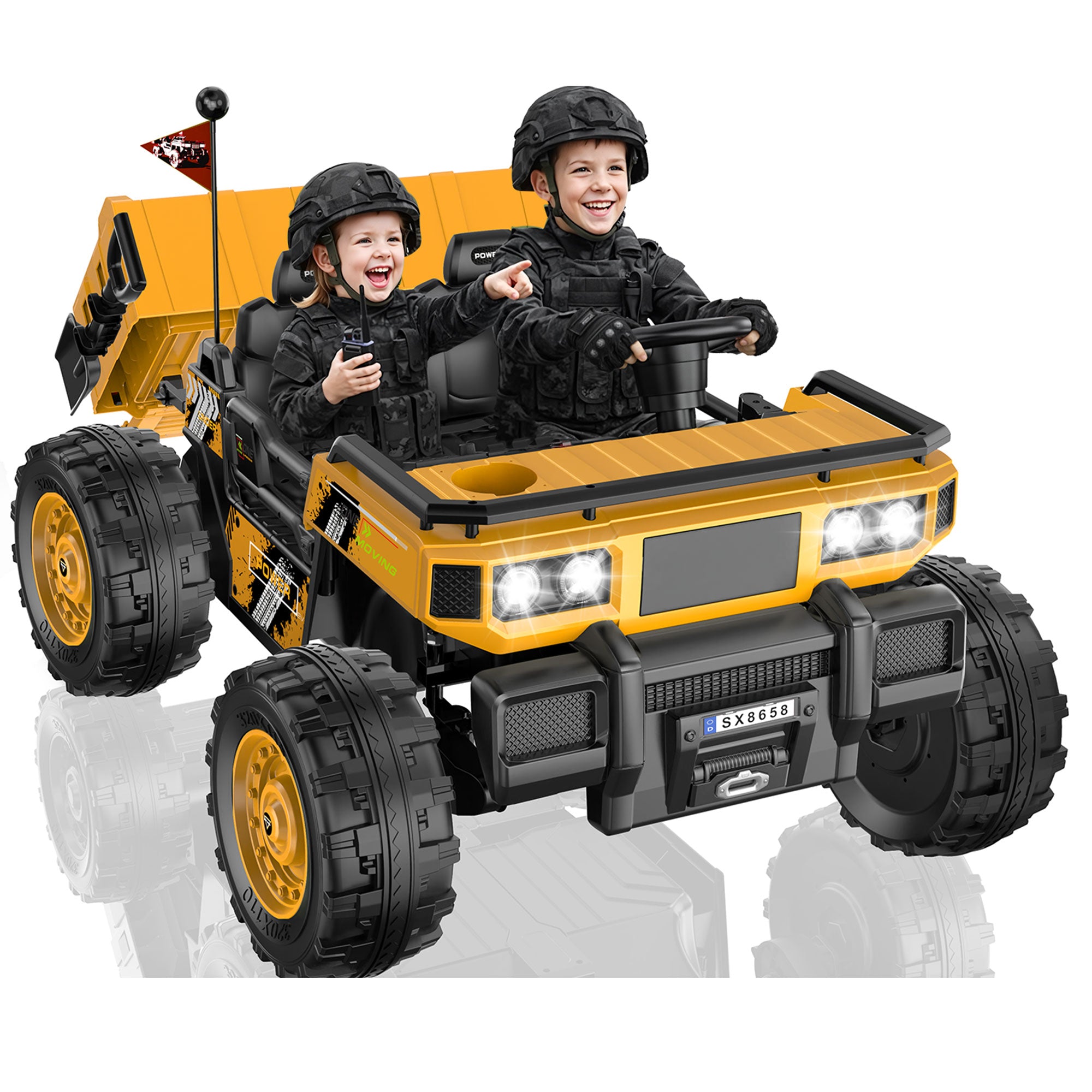 Anpabo 24V Kids Military Dumper: 4WD Auto-Lift Bed, 132 lbs Capacity, 2-Seater-yellow