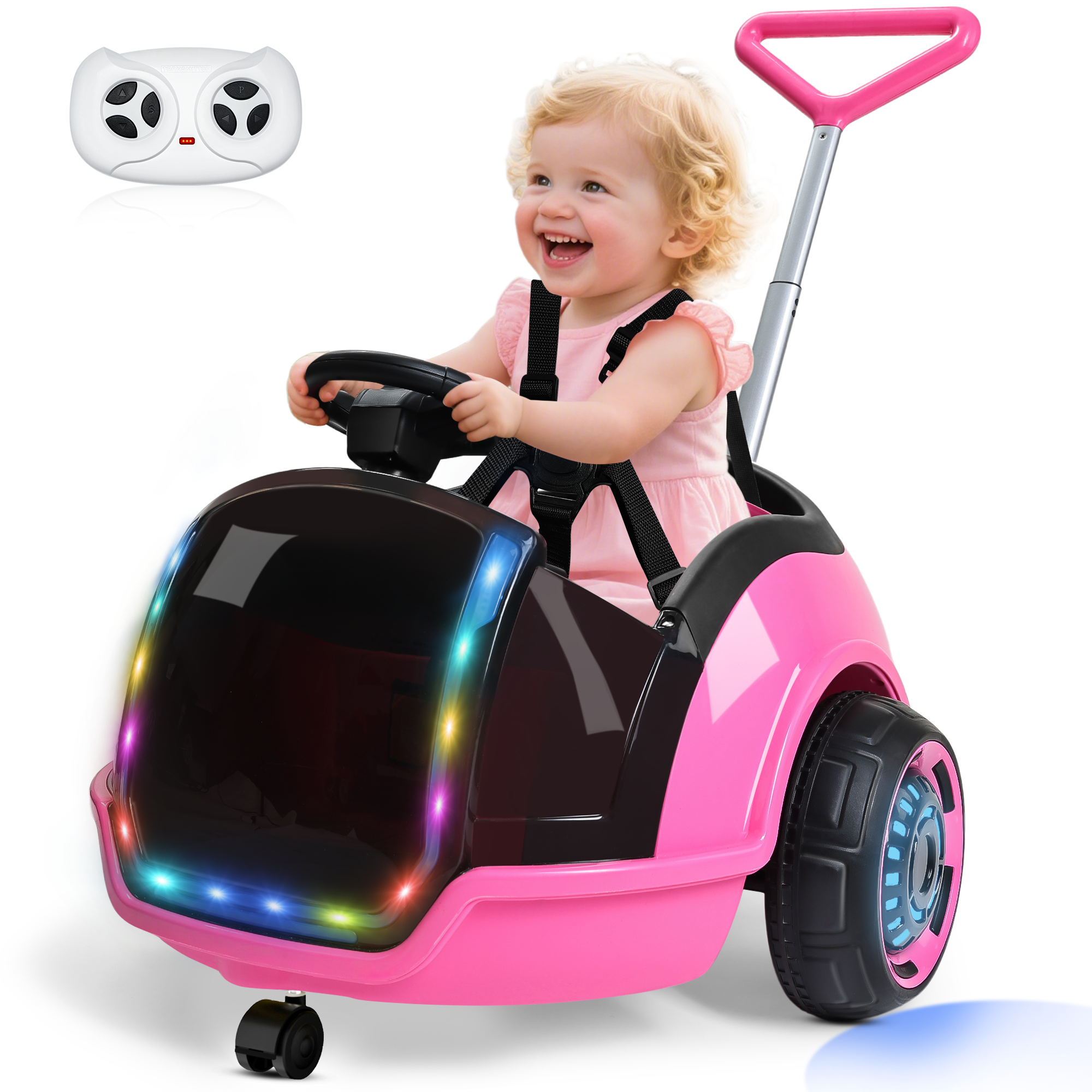 12V 3-in-1 Push Ride On Car with Adjustable Handle & Remote – Pink