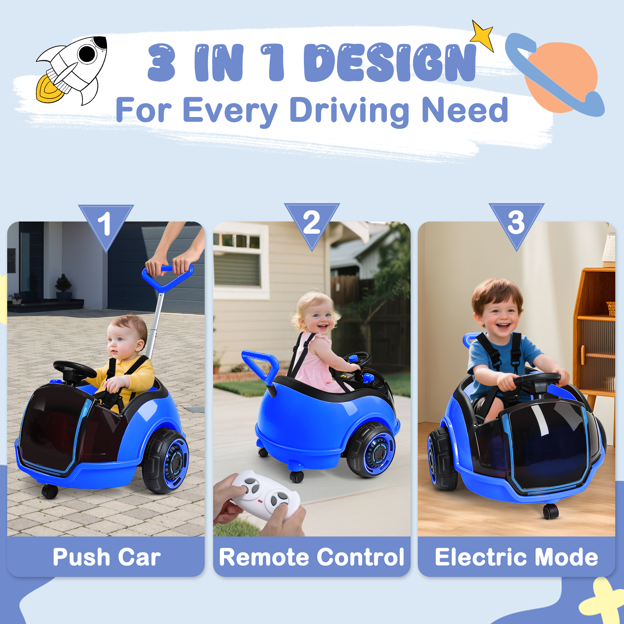 12V 3-in-1 Push Ride On Car with Adjustable Handle & Remote – Blue