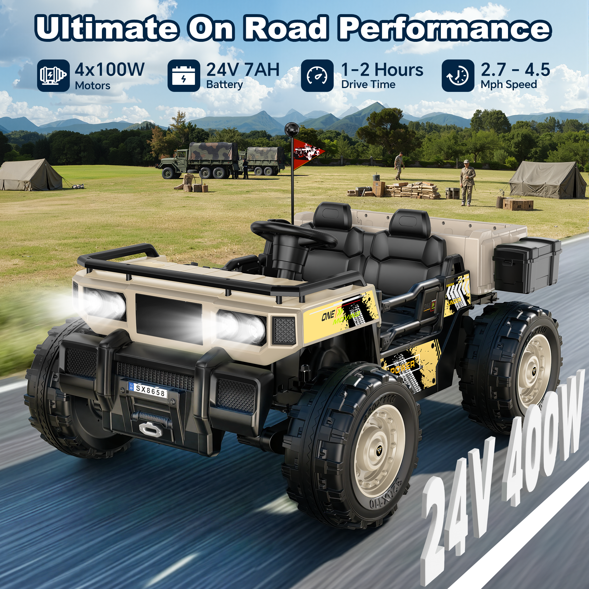 Anpabo 24V Kids Military Dumper: 4WD Auto-Lift Bed, 132 lbs Capacity, 2-Seater-beige