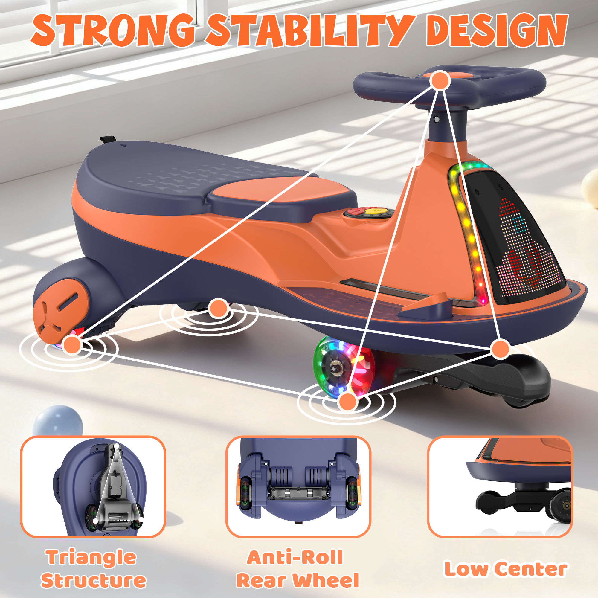 12V Electric Wiggle Car with LED Screen & Music for Kids-Orange