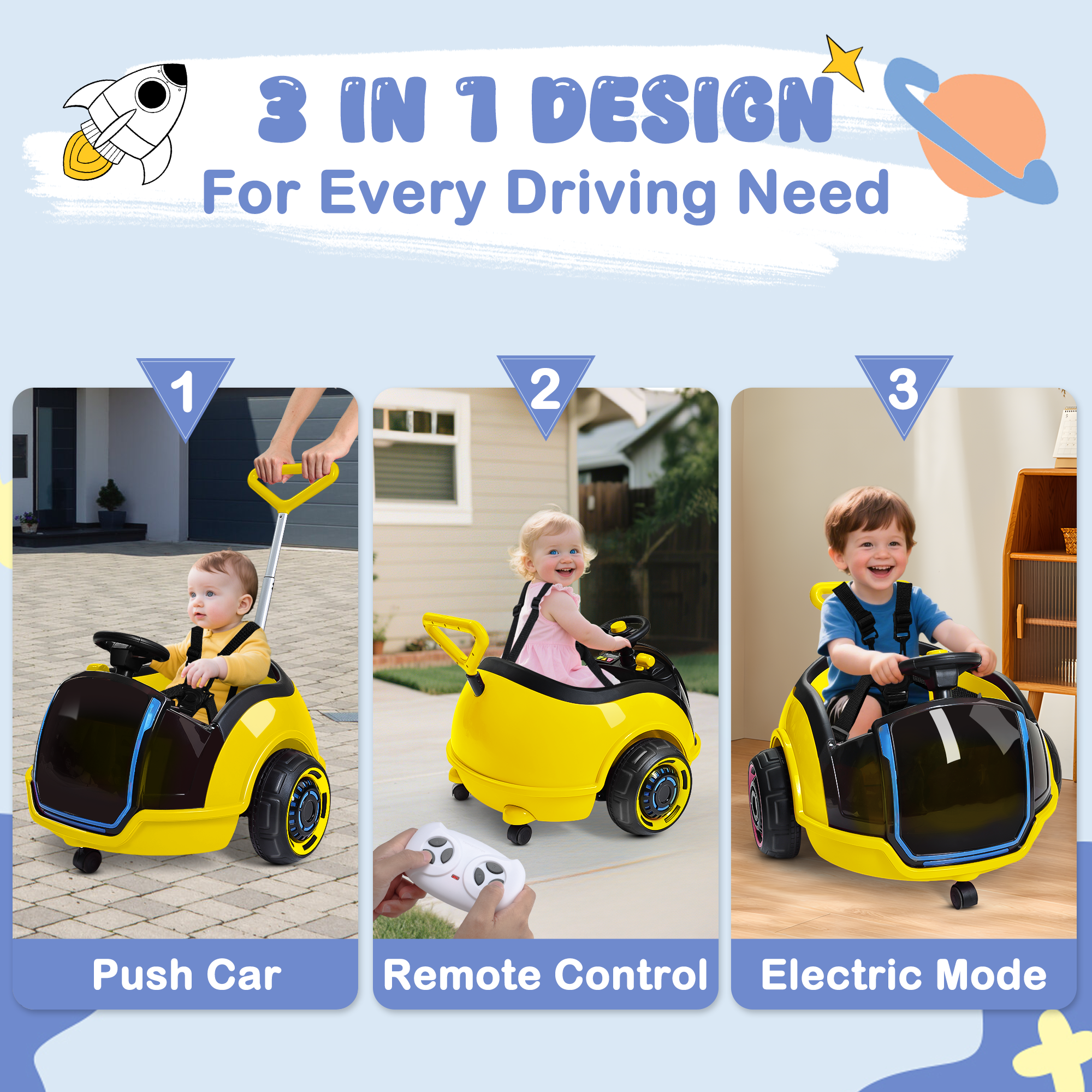 12V 3-in-1 Push Ride On Car with Adjustable Handle & Remote – Yellow