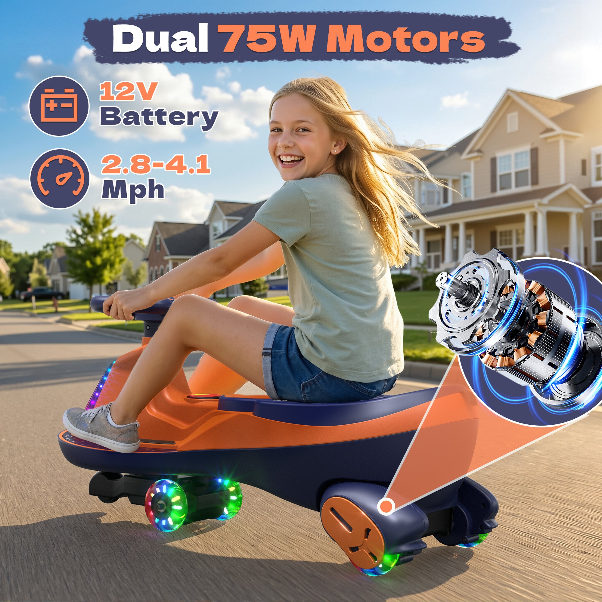 12V Electric Wiggle Car with 2x75W Motor & Music for Kids –  Orange