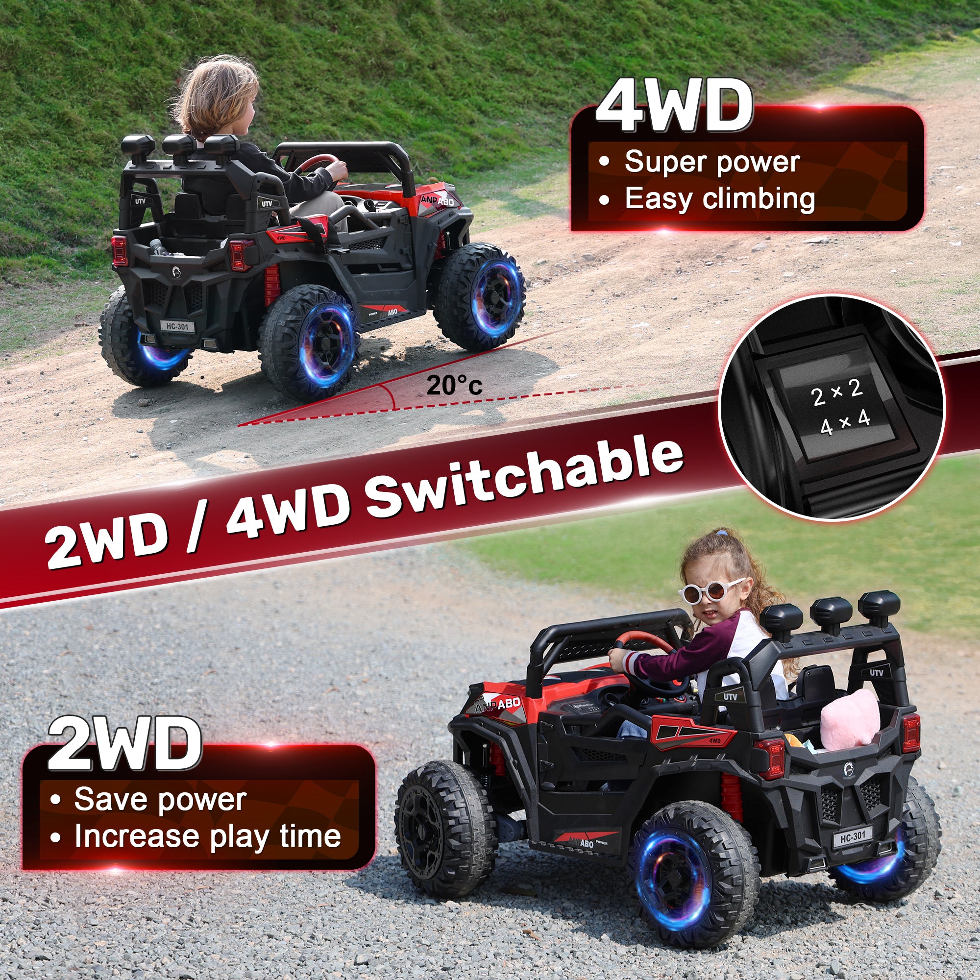 ANPABO All-Terrain 24V Ride-on Buggy 4WD UTV with Remote Control-red