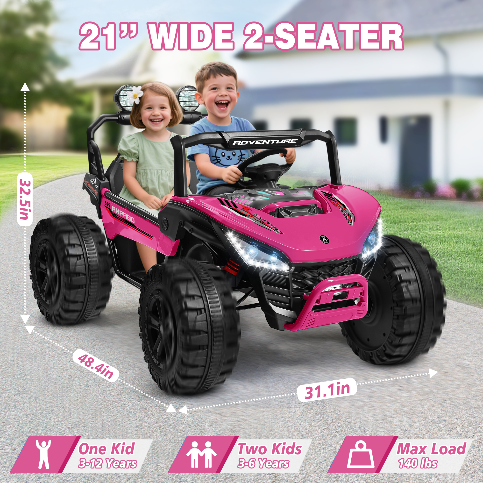 ANPABO All-Terrain 24V Ride-on Buggy UTV 4WD with Remote-Rose Red
