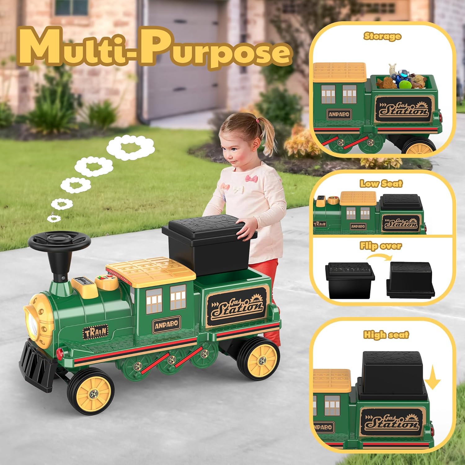 Trackless 12V Electric Ride-On Train 2-Seater with Rubber Tires – Green