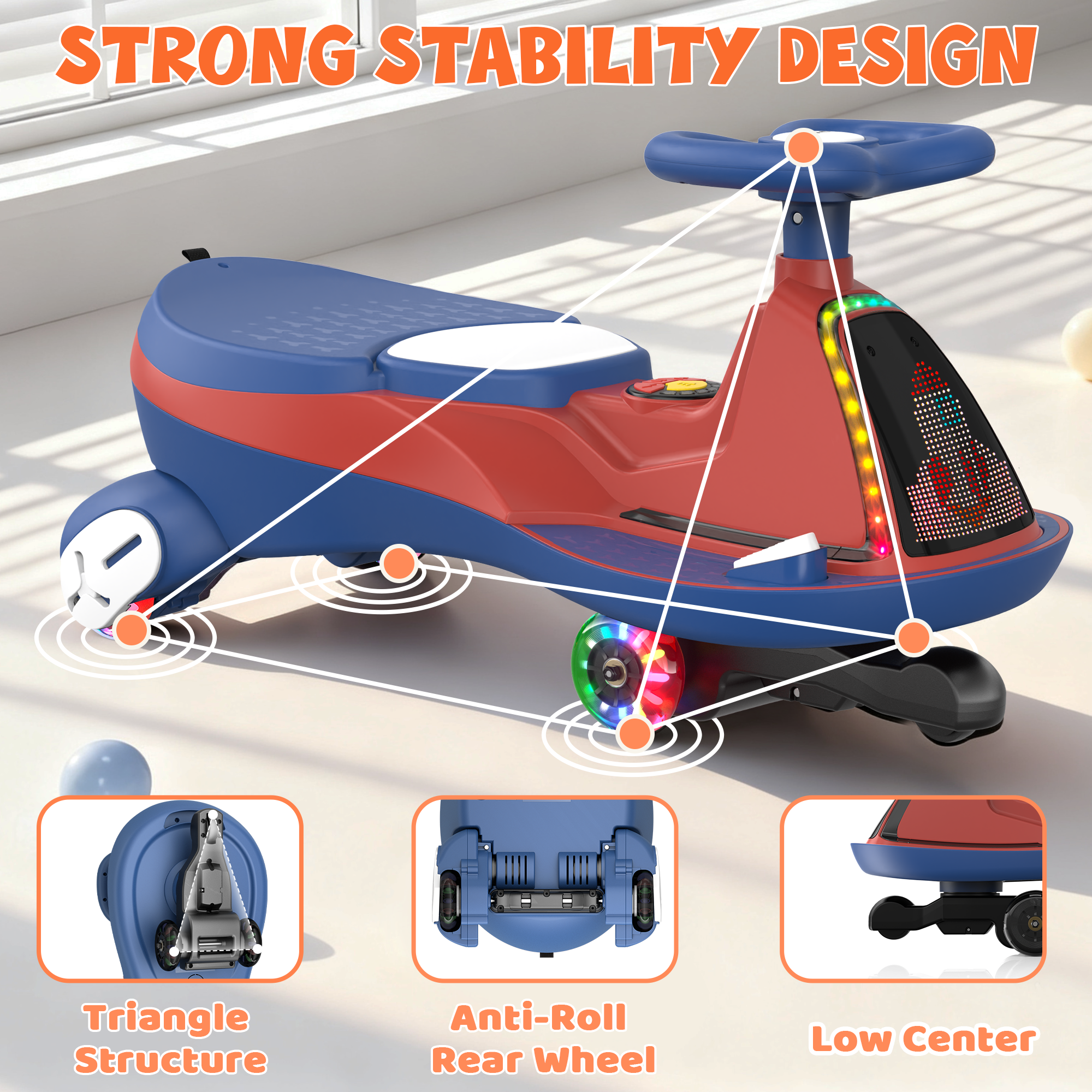 12V Electric Wiggle Car with LED Screen & Music for Kids-Red