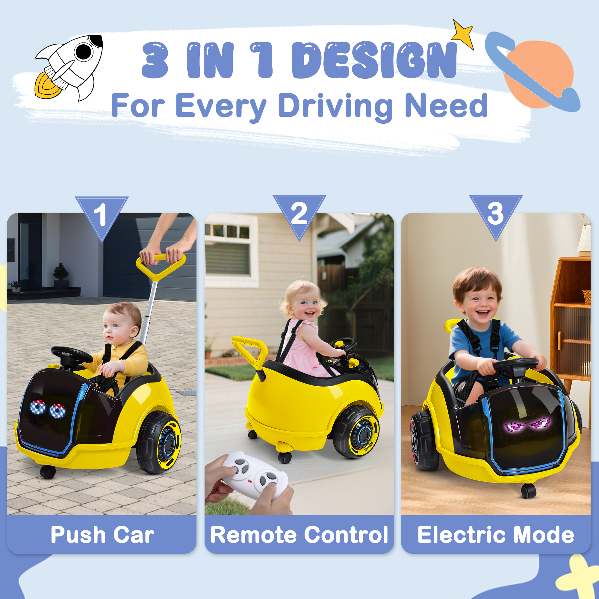 12V 3-in-1 Push Ride On with small LED Display-yellow（UPC:B0FR8N7X5H）
