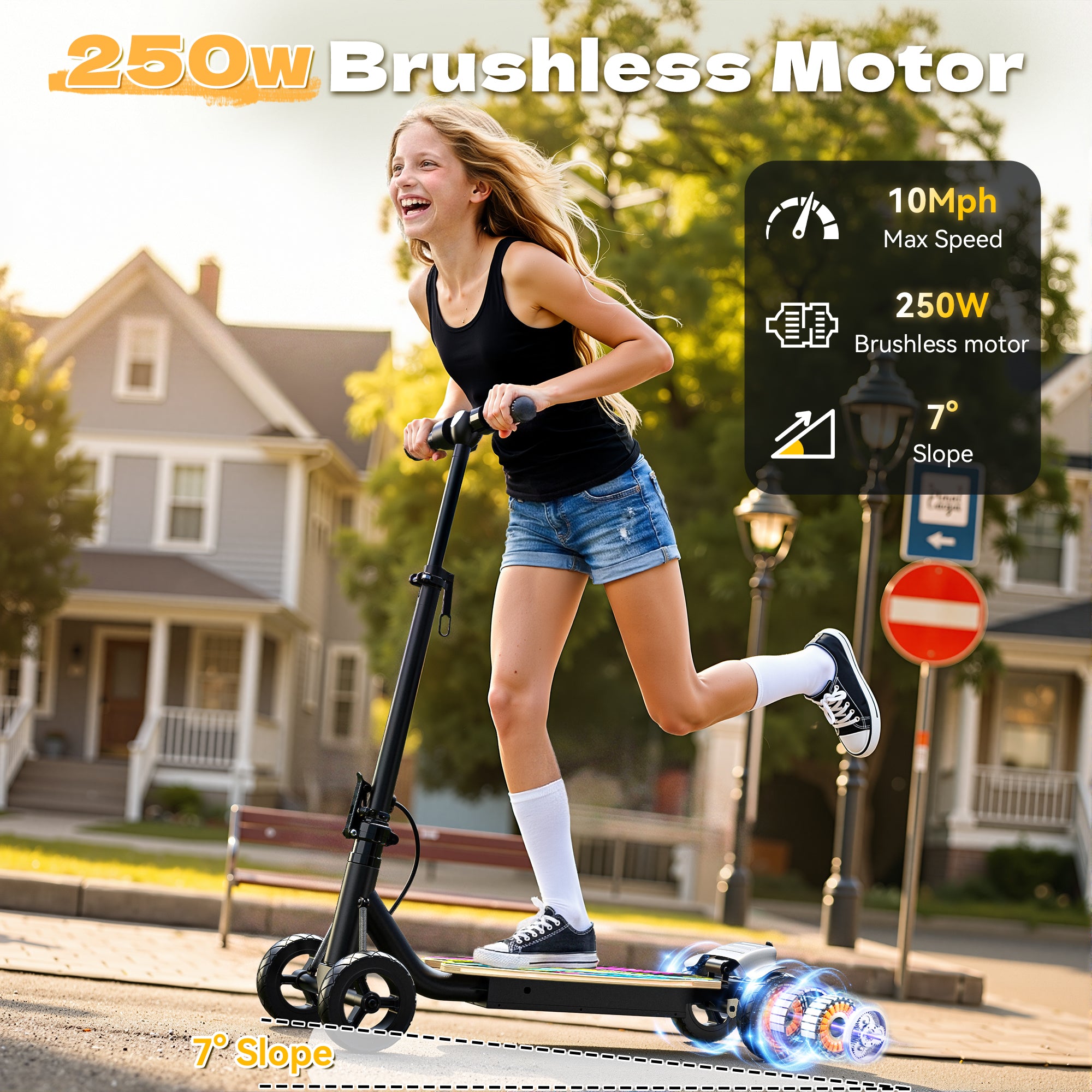 24V Safe 4-Wheel Scooter for kids - LED Light – black Line Pattern