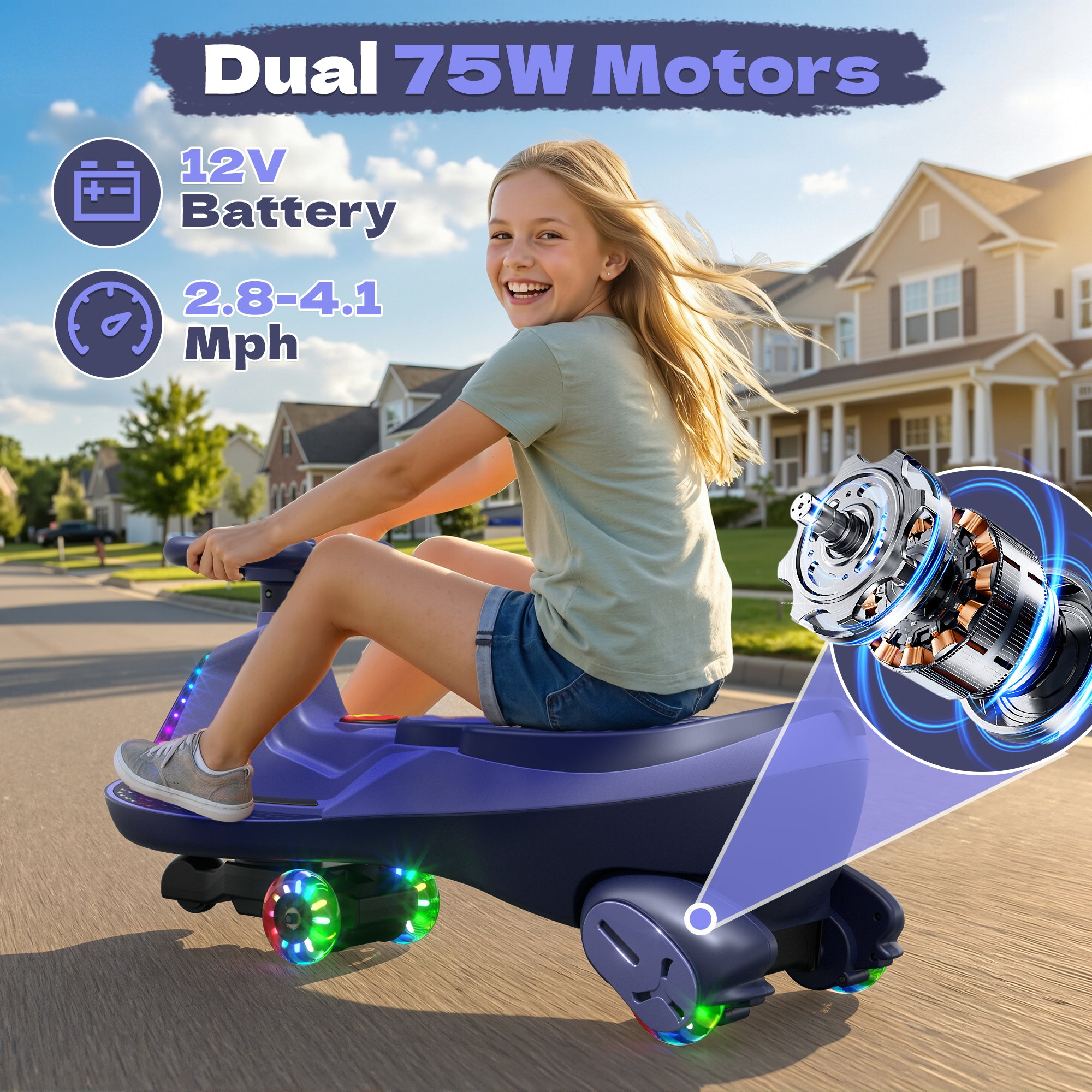 12V Electric Wiggle Car with 2x75W Motor & Music for Kids – Purple