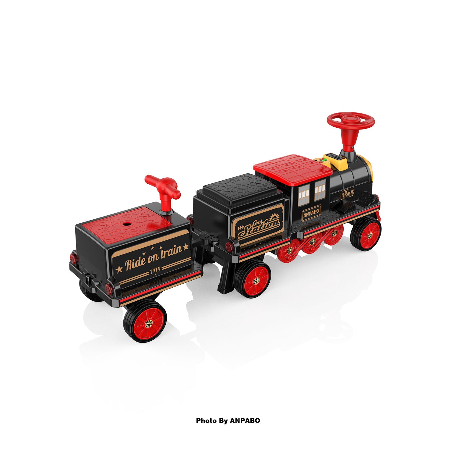 ANPABO 12V Trackless Ride-On Train Set: Whistle, Light, & Storage-black