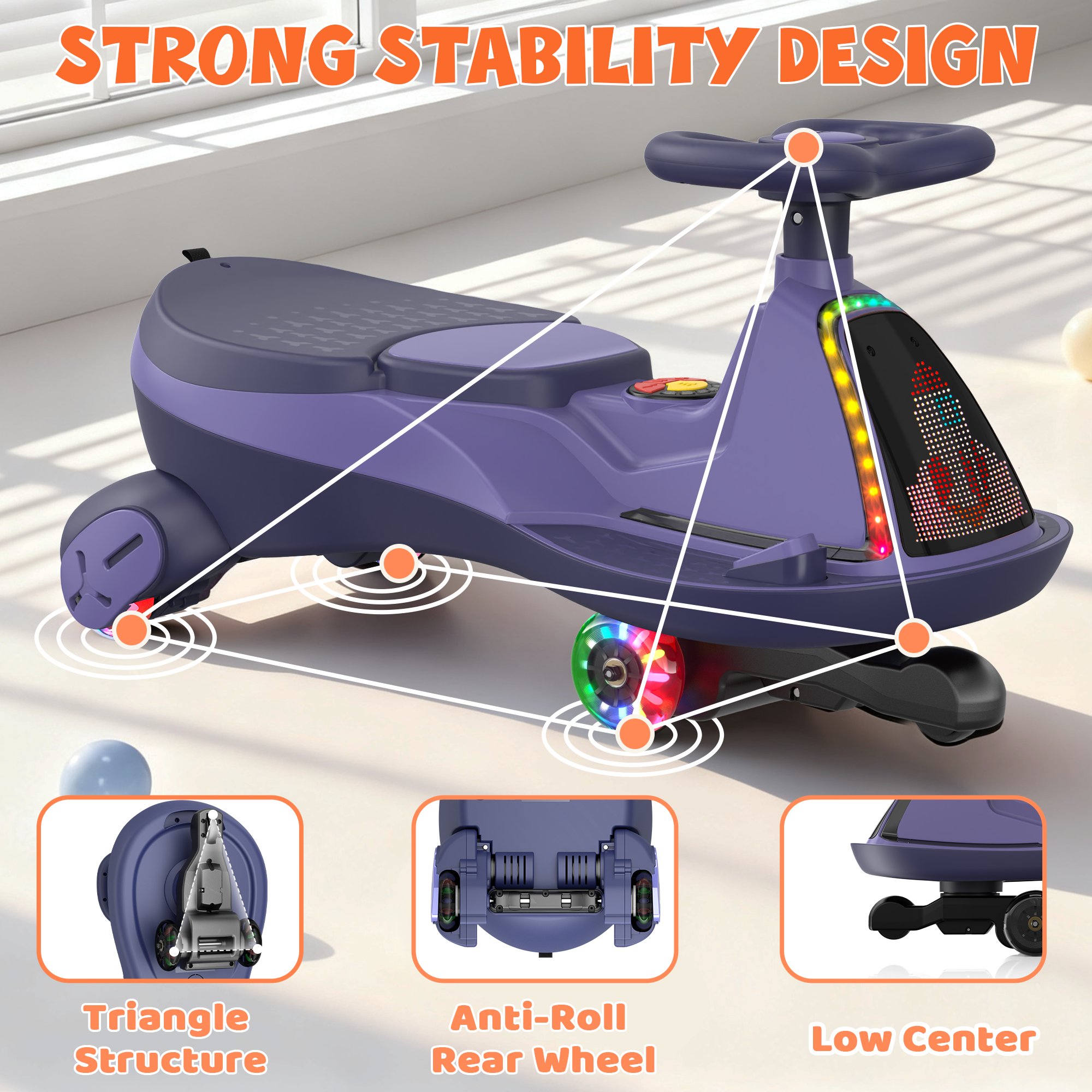 12V Electric Wiggle Car with LED Screen & Music for Kids-Purple