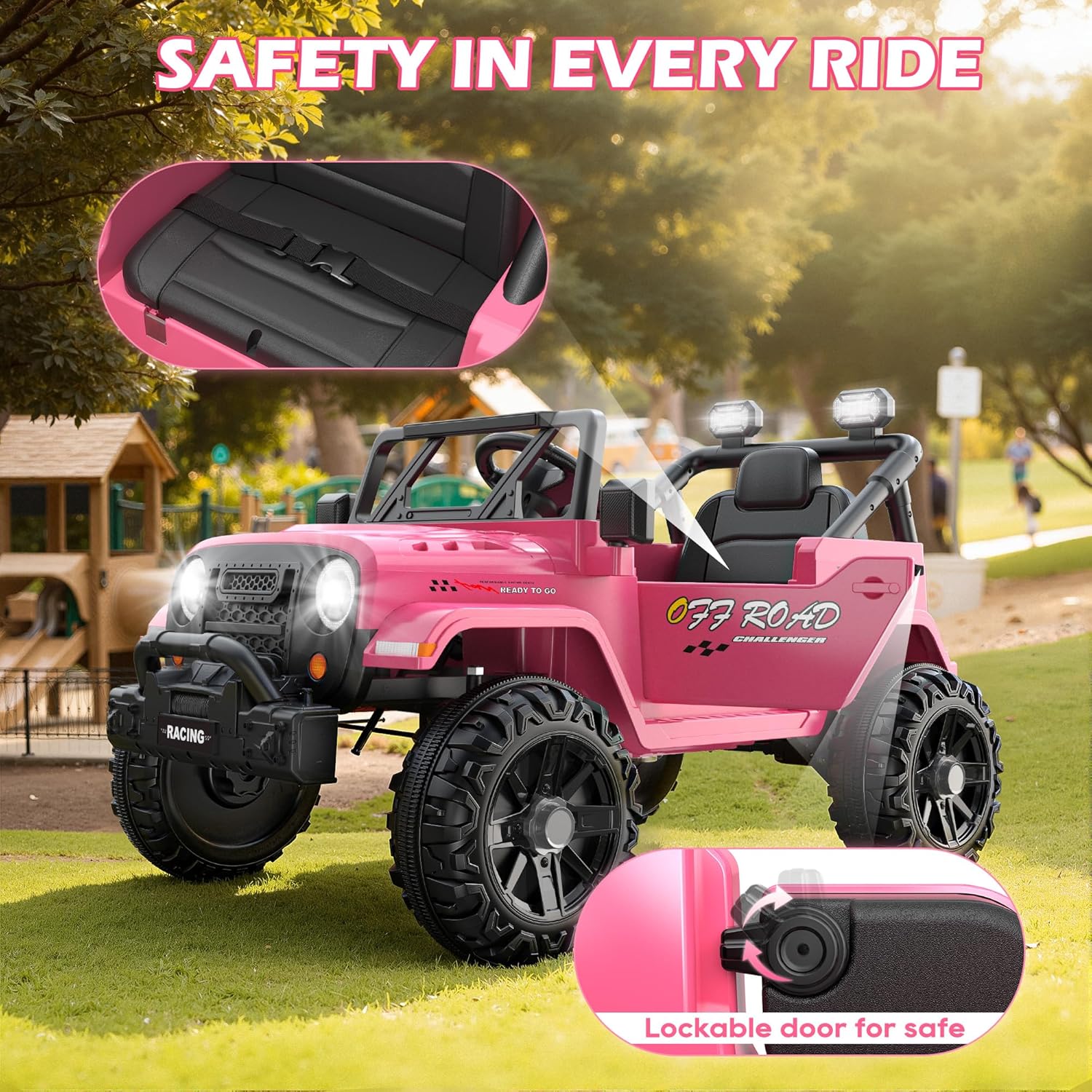 12V Kids Jeep Ride-On Car with RC, Bluetooth & LED Lights-pink