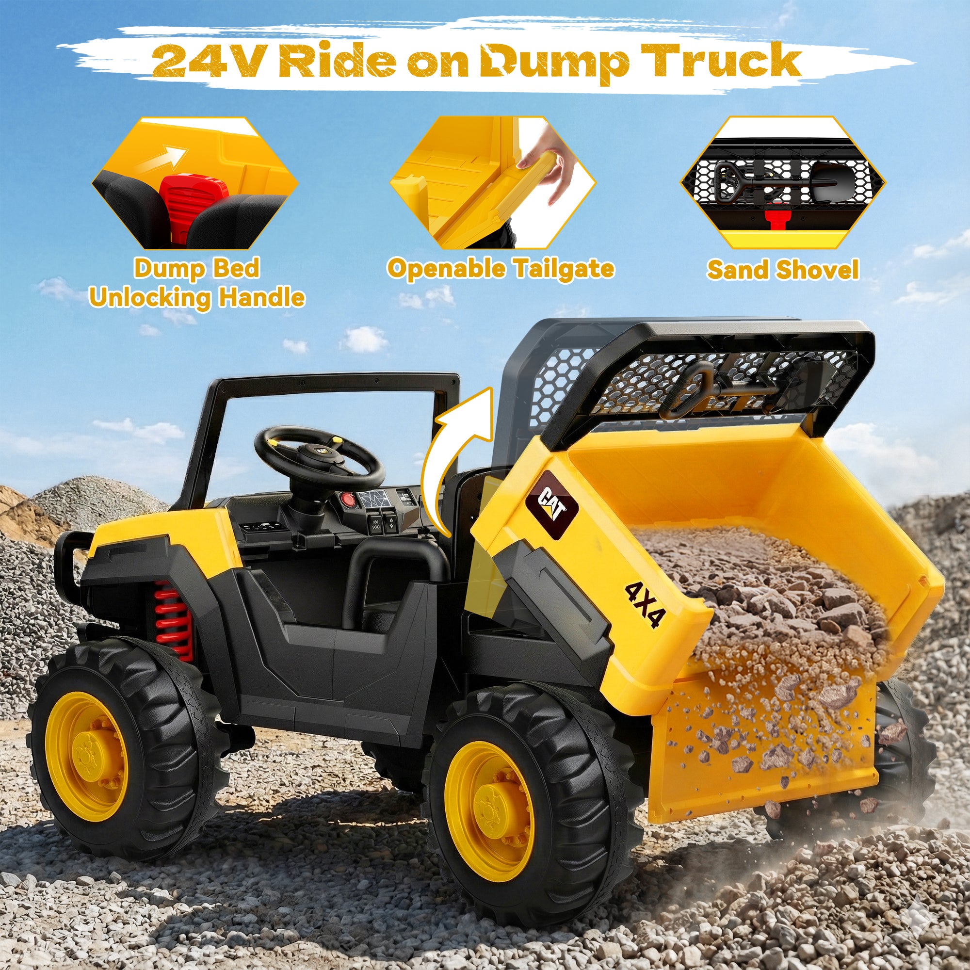 Licensed Caterpillar 24V Ride-on Dump Truck 4WD– Yellow
