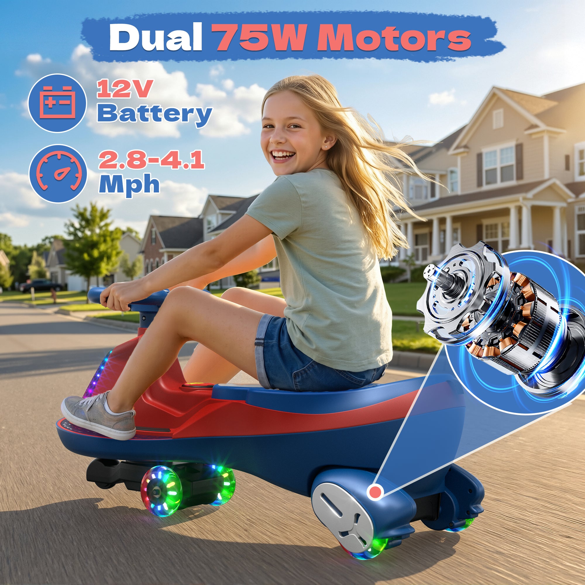 12V Electric Wiggle Car with 2x75W Motor & Music for Kids –  Red