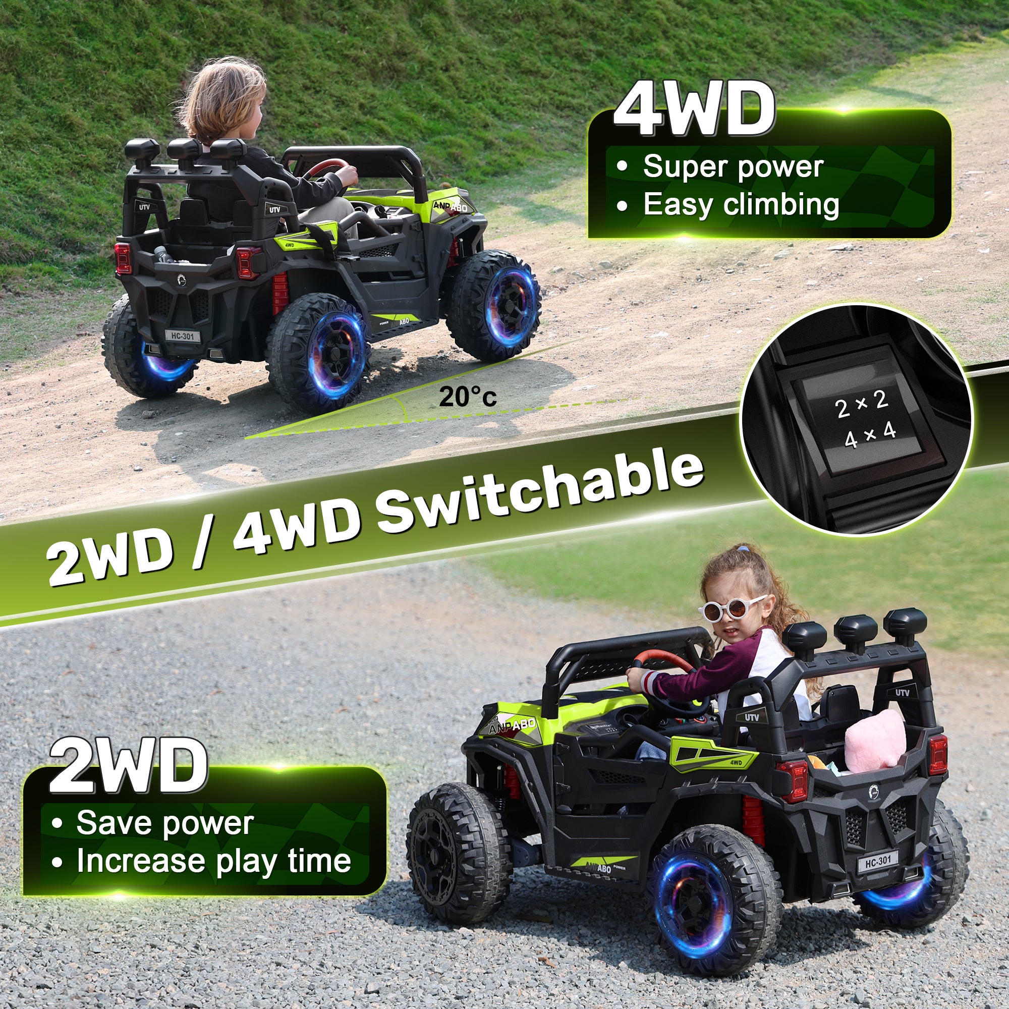 ANPABO All-Terrain 24V Ride-on Buggy 4WD UTV with Remote Control-green