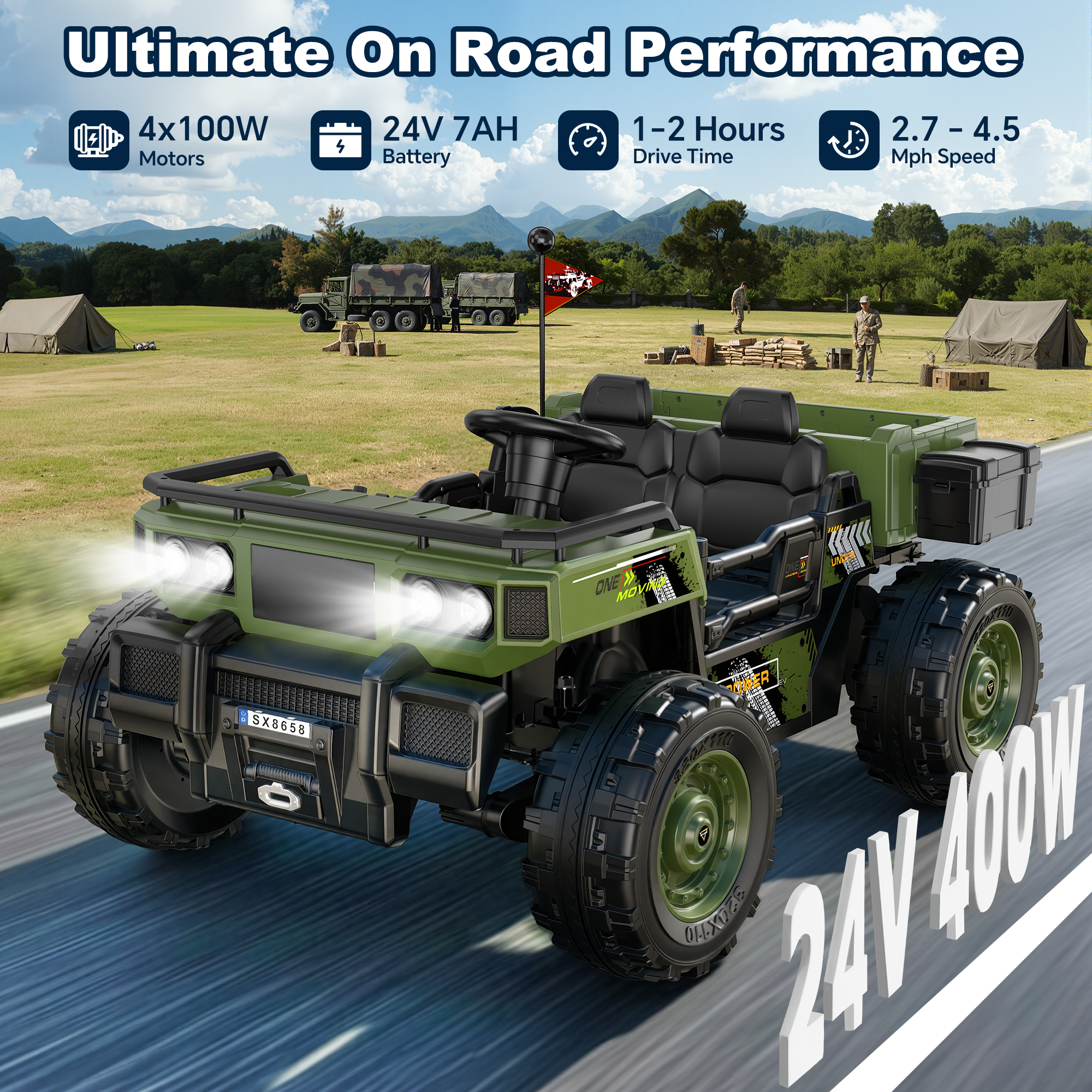 Anpabo 24V Kids Military Dumper: 4WD Auto-Lift Bed, 132 lbs Capacity, 2-Seater-Military Green