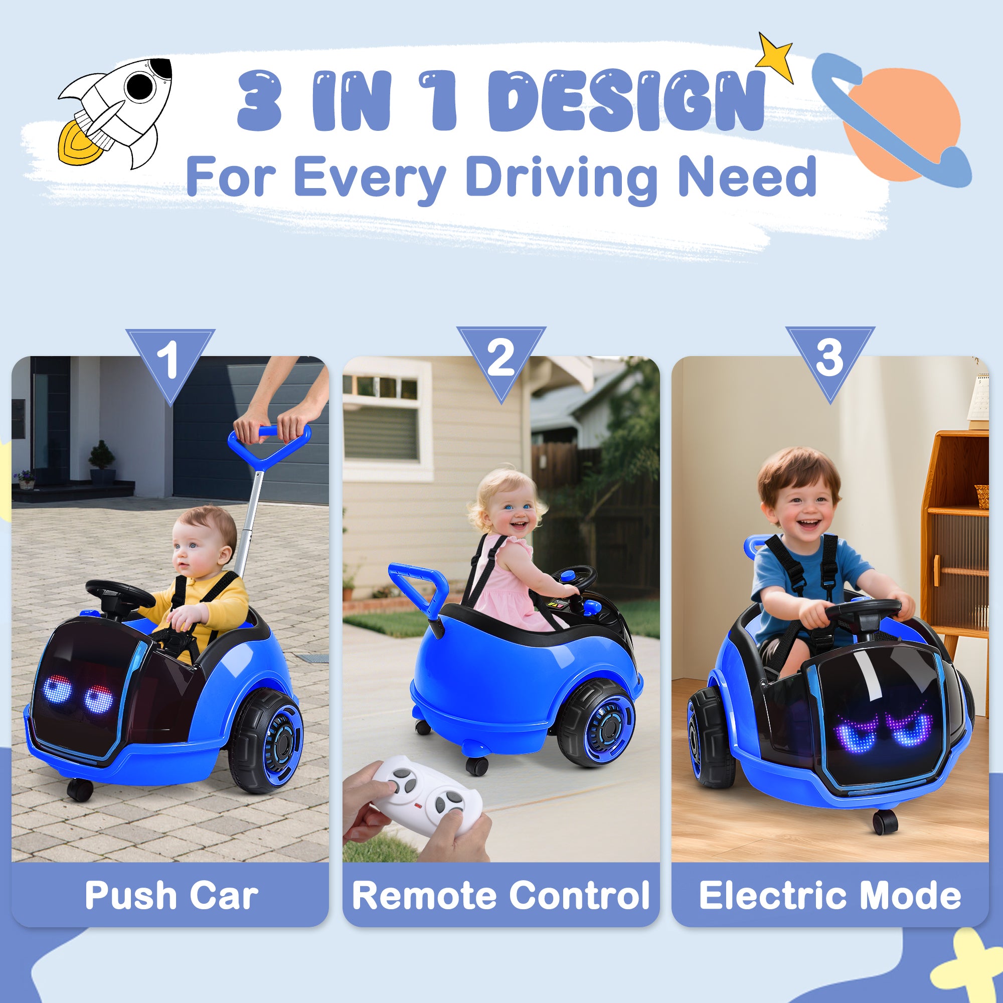 ANPABO 3-in-1 12V Electric Ride-On Car with Push Handle & Interactive LED Screen – Blue
