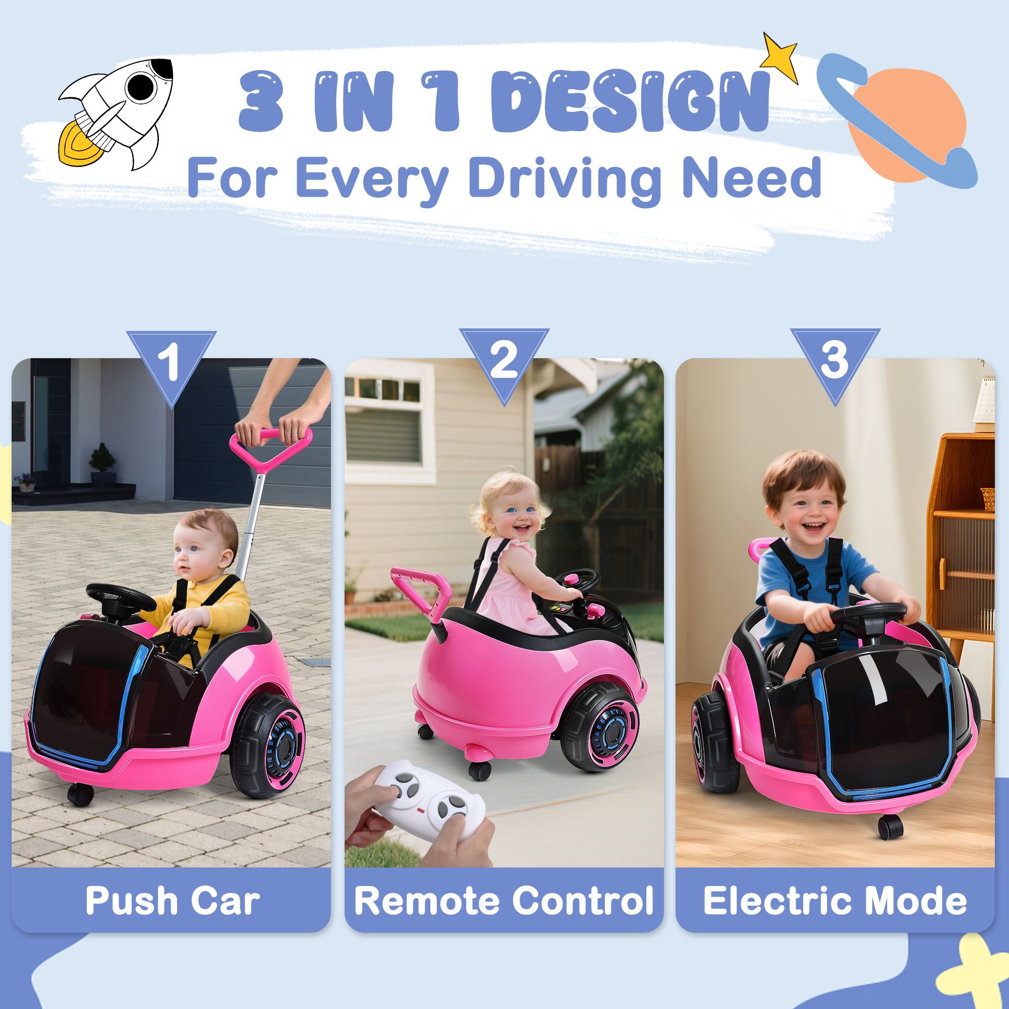 12V 3-in-1 Push Ride On Car with Adjustable Handle & Remote – Pink