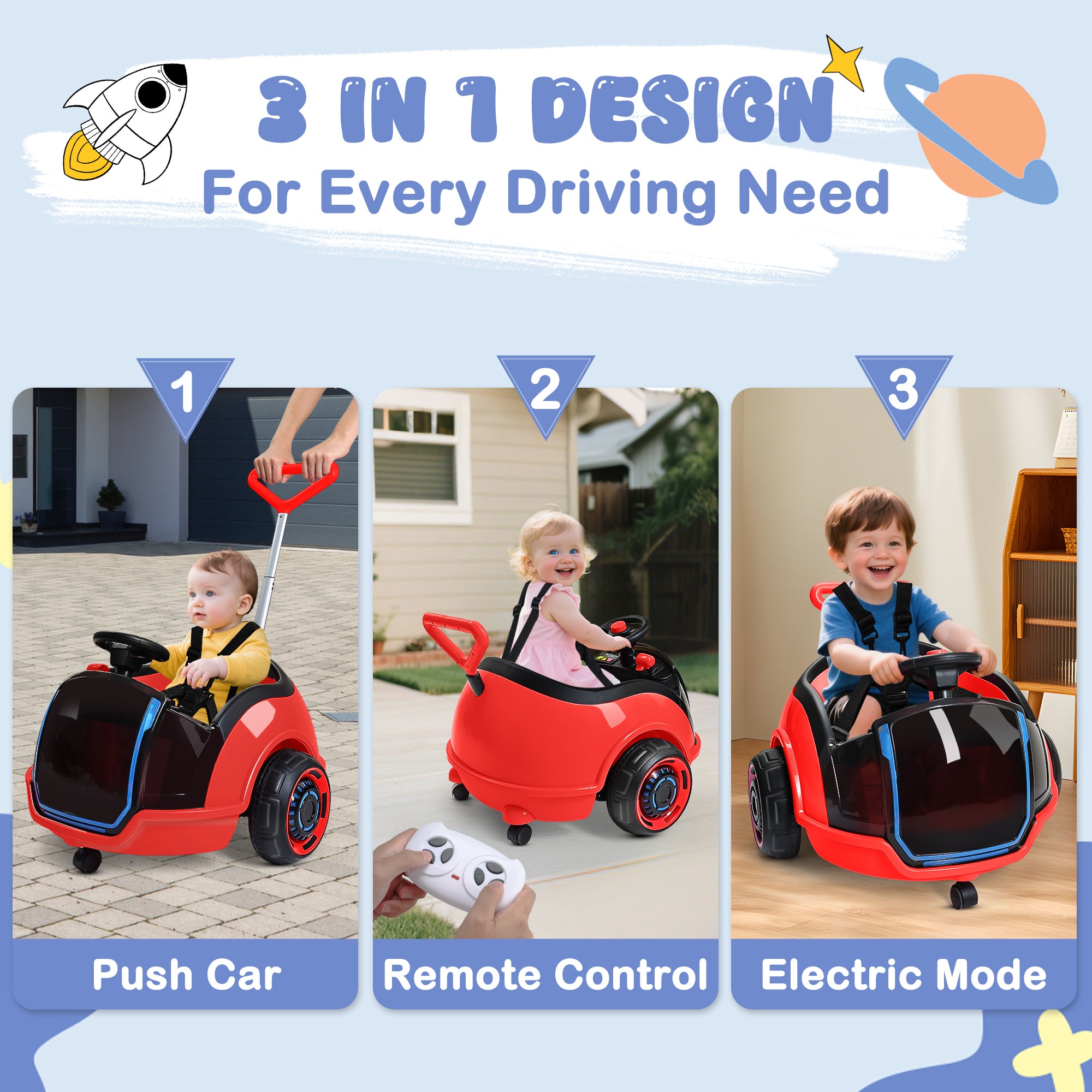 12V 3-in-1 Push Ride On Car with Adjustable Handle & Remote – Red