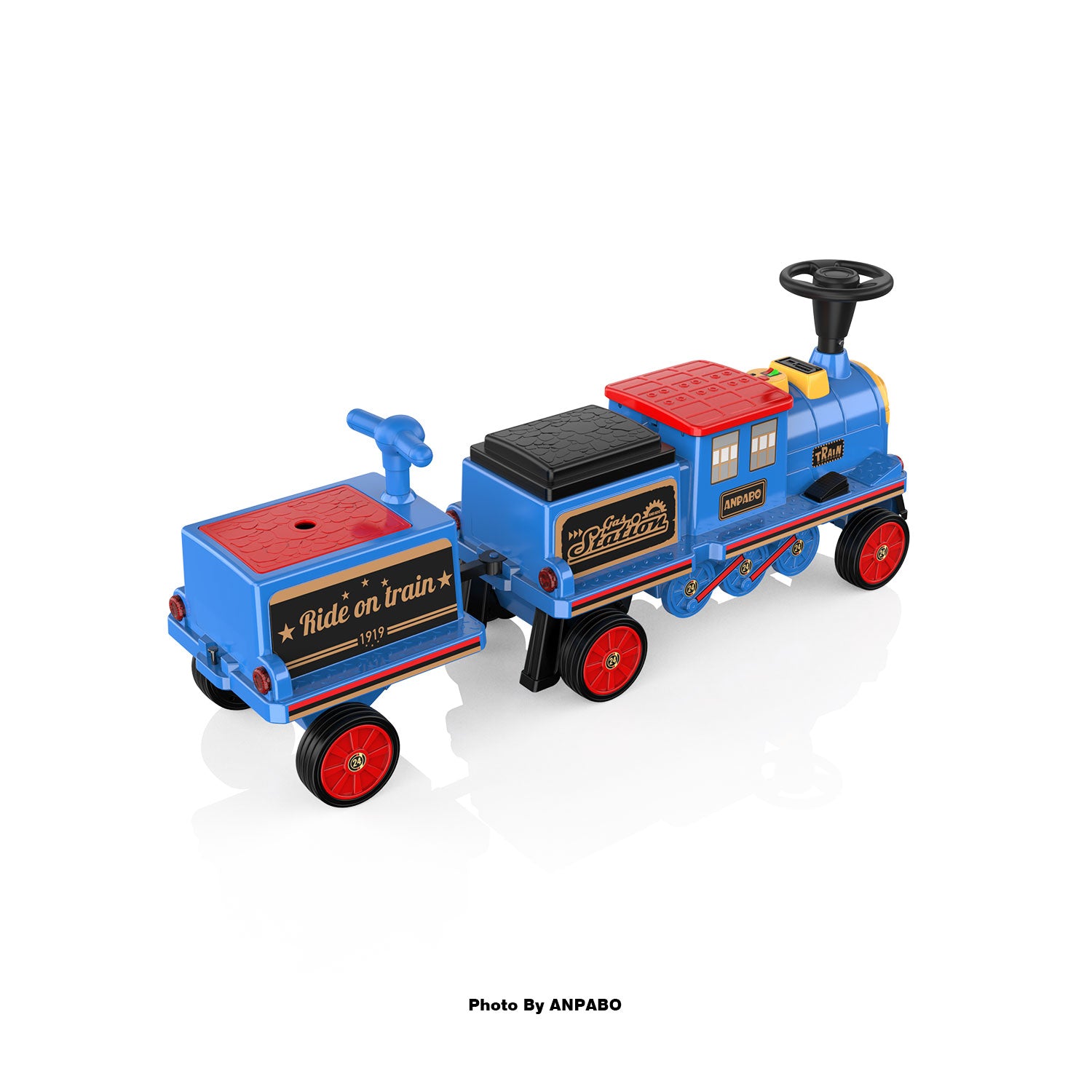 ANPABO 12V Trackless Ride-On Train Set: Whistle, Light, & Storage-blue