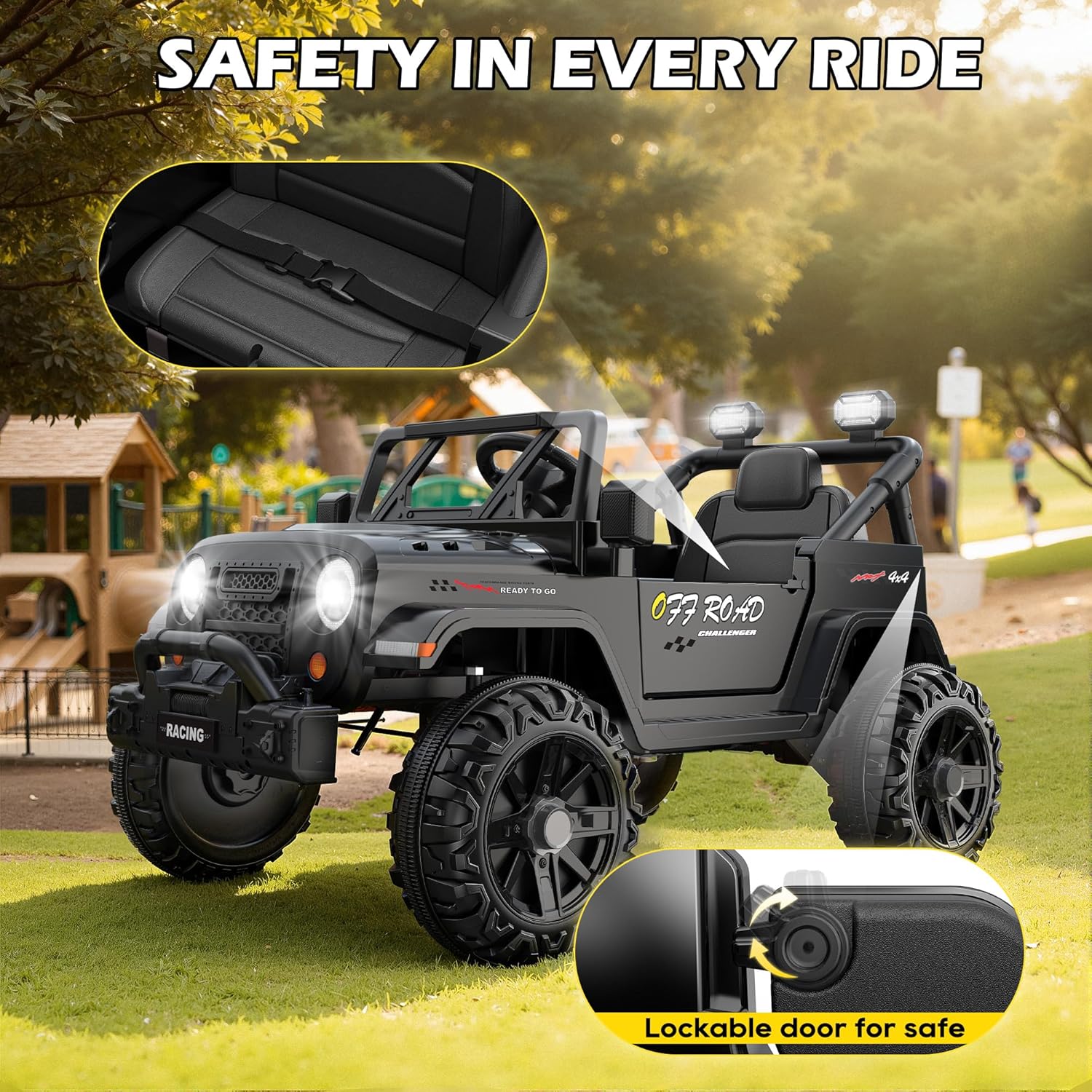 12V Kids Jeep Ride-On Car with RC, Bluetooth & LED Lights-black