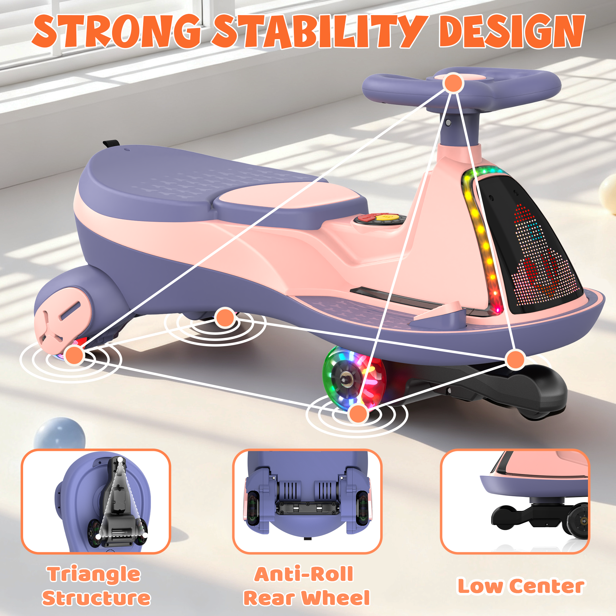 12V Electric Wiggle Car with LED Screen & Music for Kids-Pink