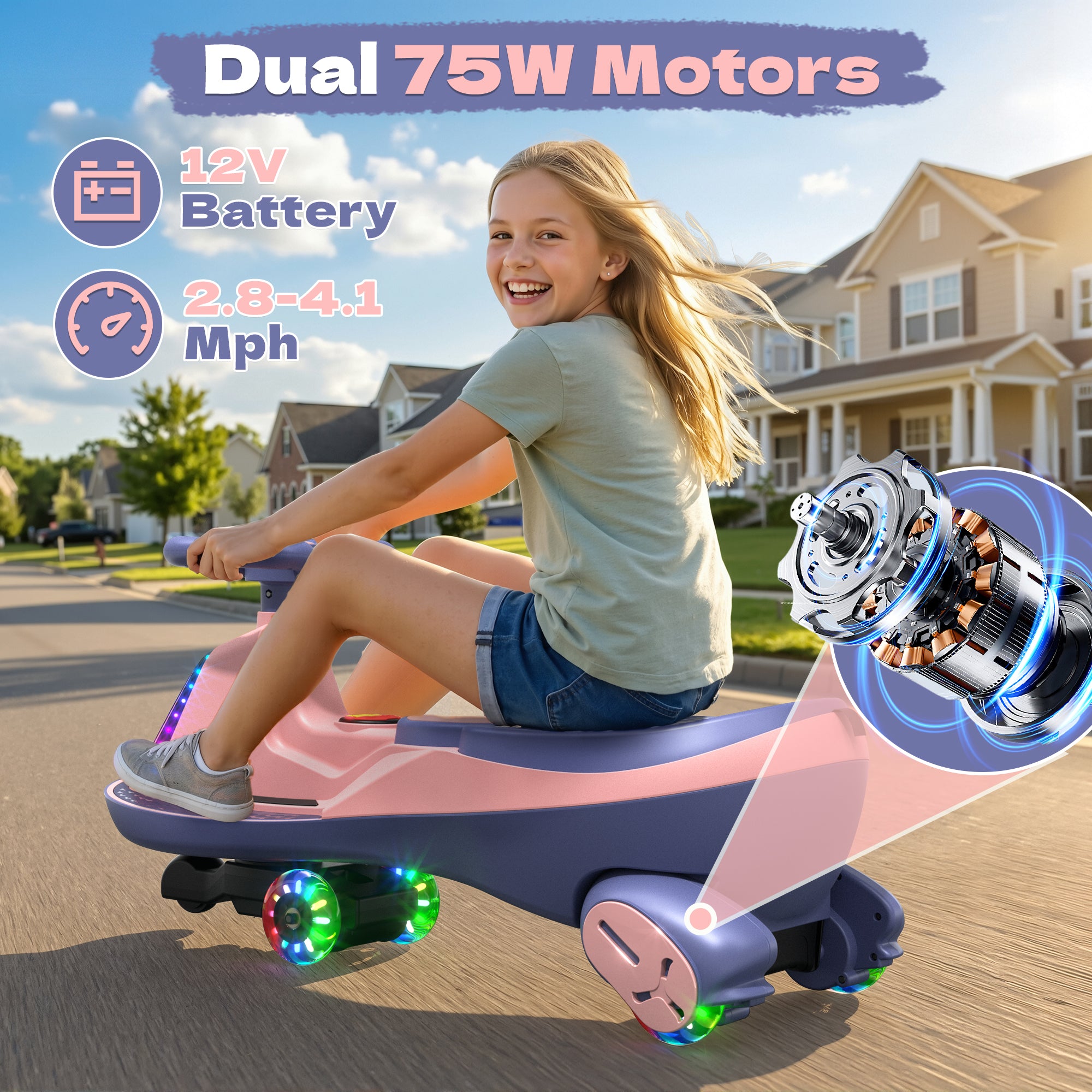 12V Electric Wiggle Car with 2x75W Motor & Music for Kids –  Pink