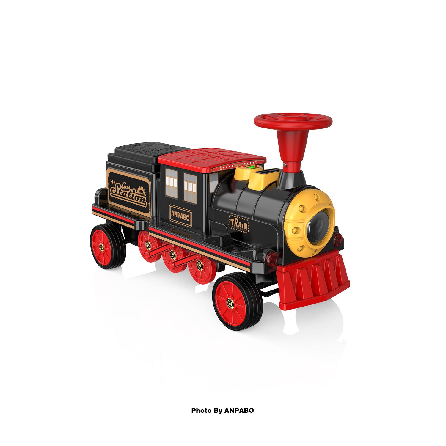 ANPABO 12V Kids Ride-On Train Locomotive–Trackless,2-Seater,Rubber Tires-red