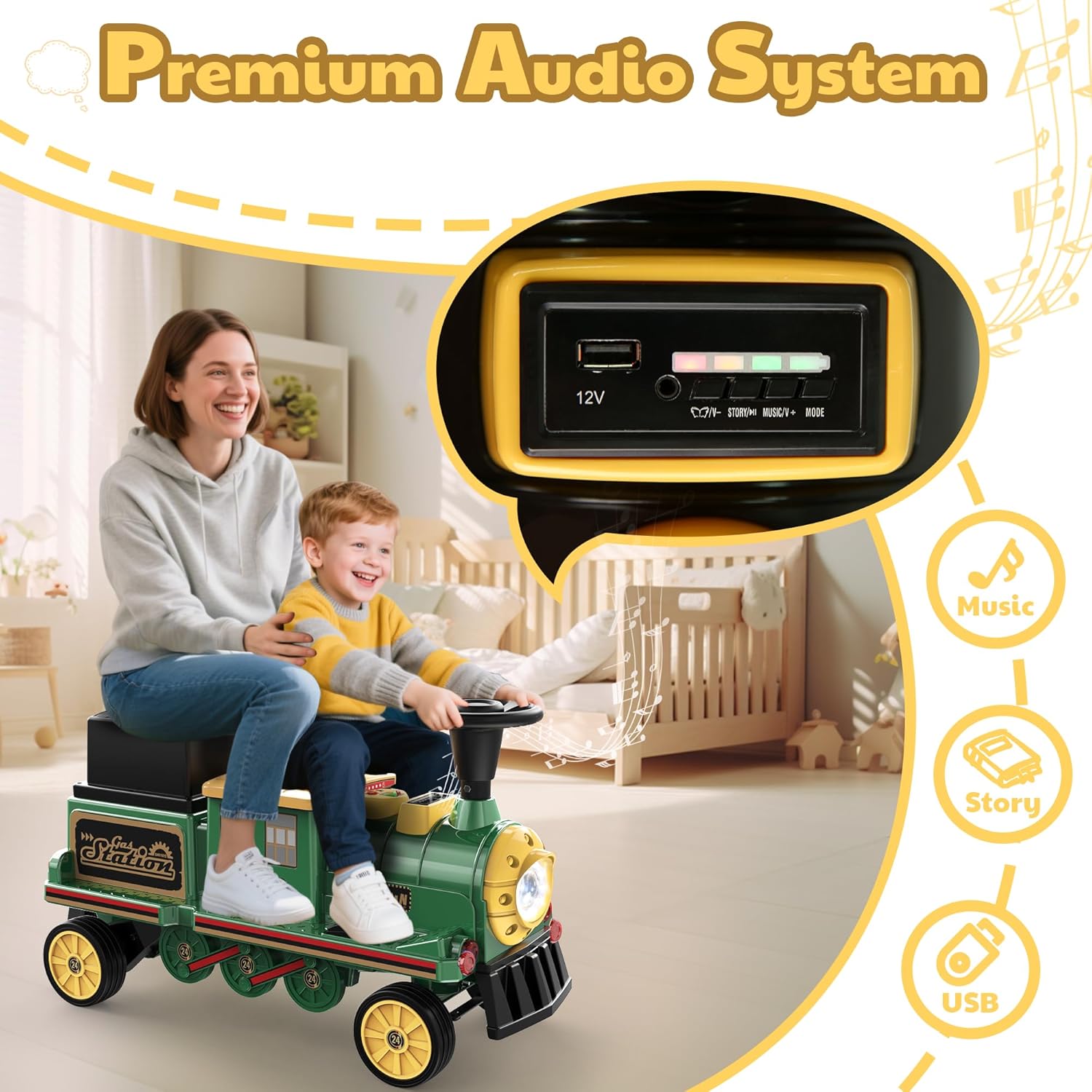 Trackless 12V Electric Ride-On Train 2-Seater with Rubber Tires – Green