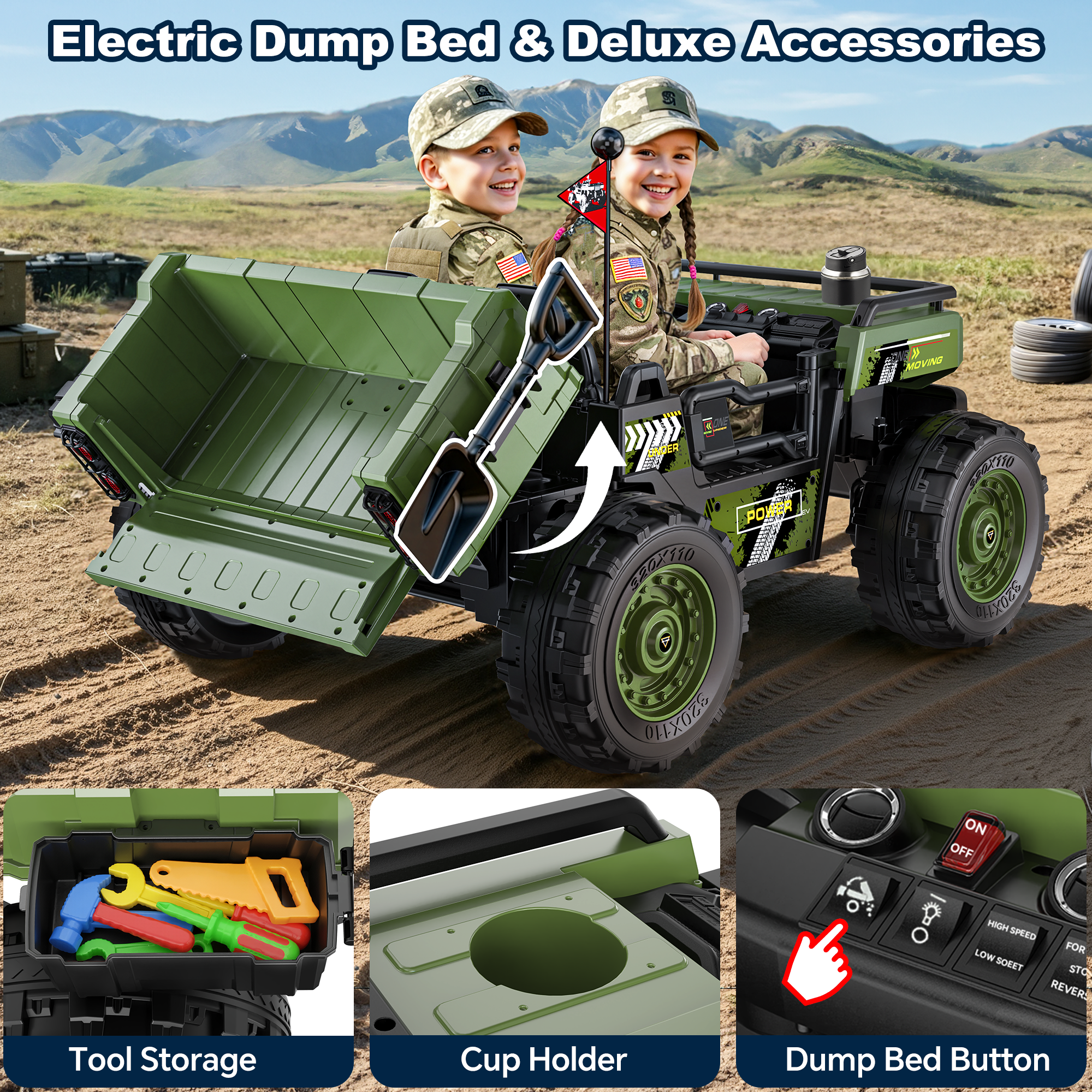Anpabo 24V Kids Military Dumper: 4WD Auto-Lift Bed, 132 lbs Capacity, 2-Seater-Military Green