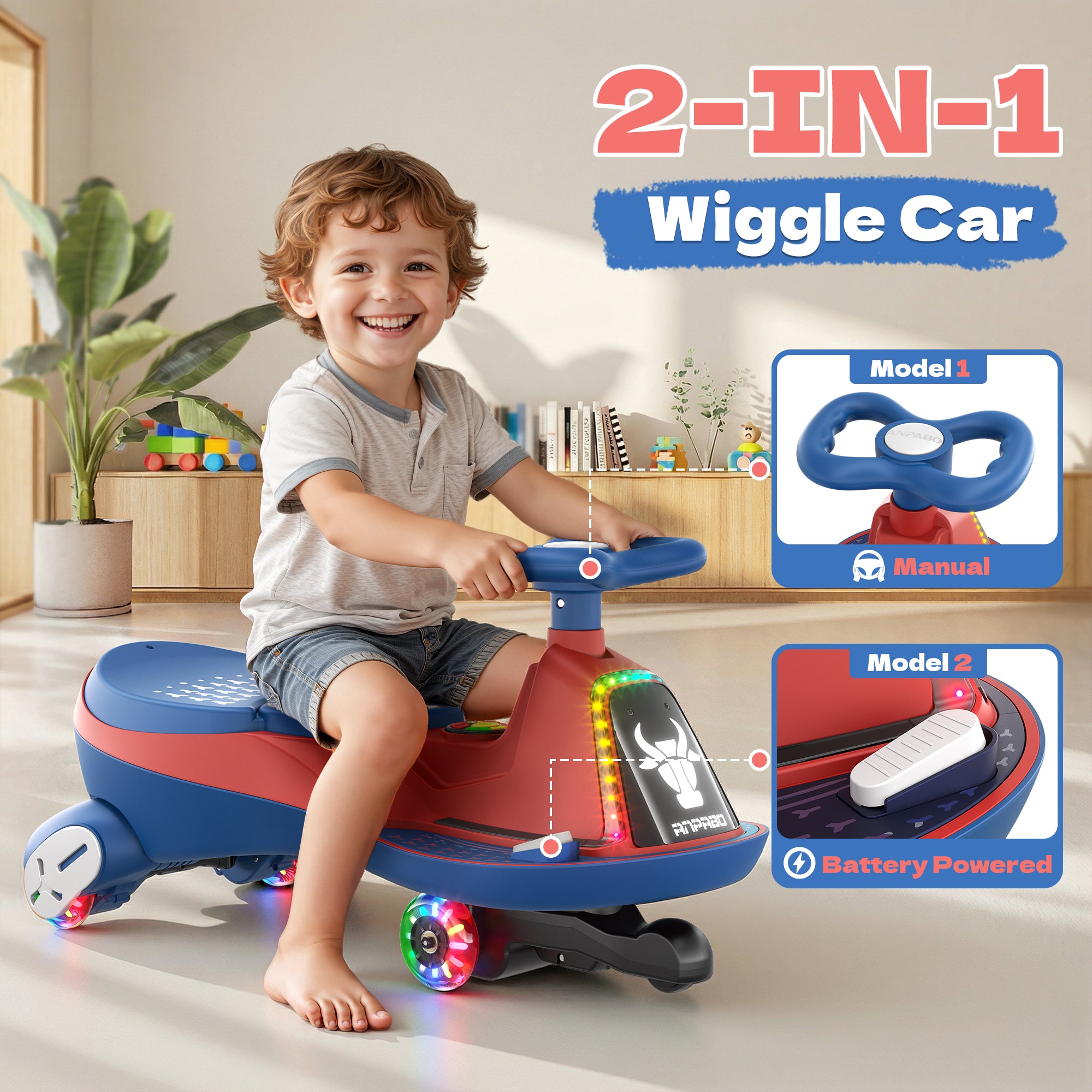 12V Electric Wiggle Car with 2x75W Motor & Music for Kids –  Red