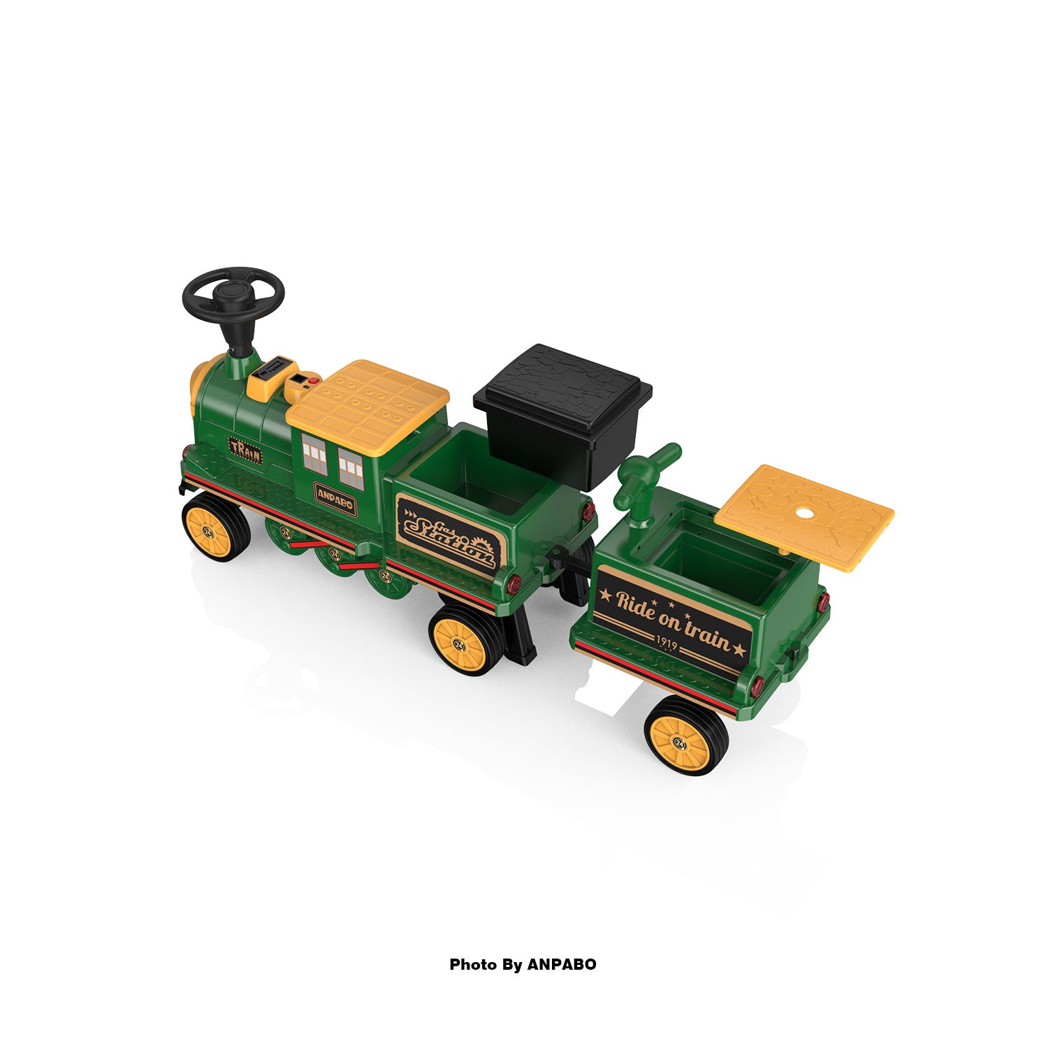 ANPABO 12V Trackless Ride-On Train Set: Whistle, Light, & Storage-green